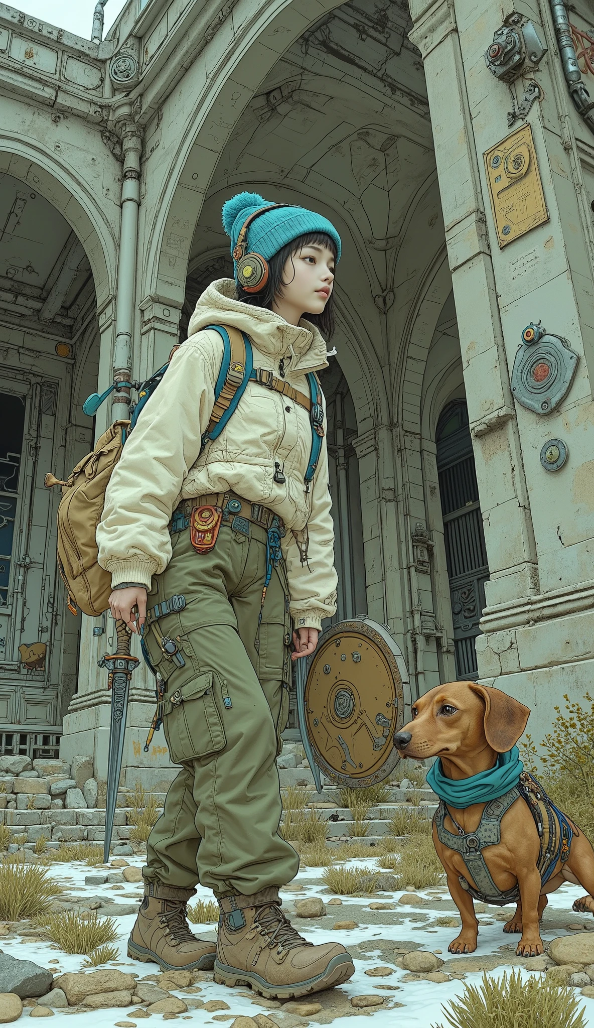  Surrealism  ,  artwork, 8K quality, A cute high school girl exploring ancient ruins with her dog ,  dachshund 、Equipped with sword and shield、 A high school girl wearing an off-white down jacket and loose moss green cargo pants, blue knit cap、 headphones、Trekking boots、 Colorful Accessories、 A wall with detailed metal decorations that make you feel like lost technology、 anatomically accurate、
