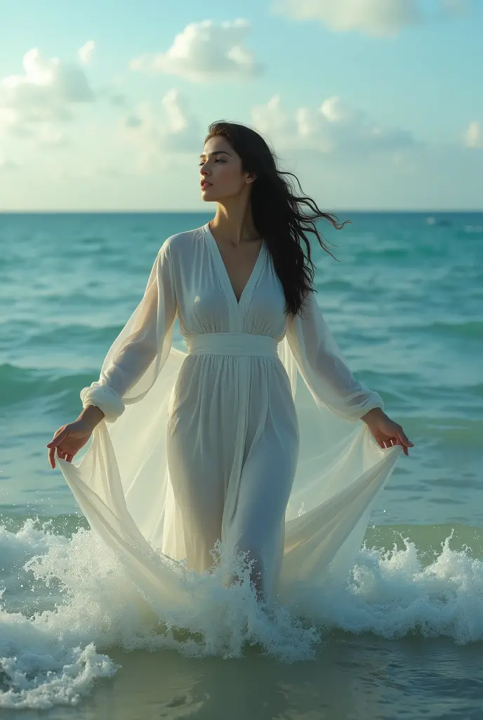 Profile picture of a beautiful 31 year old Arab woman, weighing 66 kilos, connecting the sky to the sea and balance, the waves of the sea on his right and the waves on his left, surreal and cinematic view