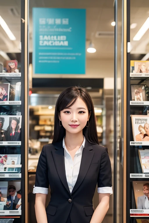 (masterpiece:1.4),(60-year-old woman:1.5),(Facial wrinkles : 1.2), (facing away : 1.3), white skin, pores, skin blemishes, dull skin, cheerful smile, updo hair, maternal, Mature Woman, upper body shoot, office worker, (smooth fabric), (polyester black vest with button), black pencil skirt, white short sleeve shirt, (fat arms : 1.1), (plump arms : 1.1), (focus on upper arms), working at ticket window, detailed backgrounds,