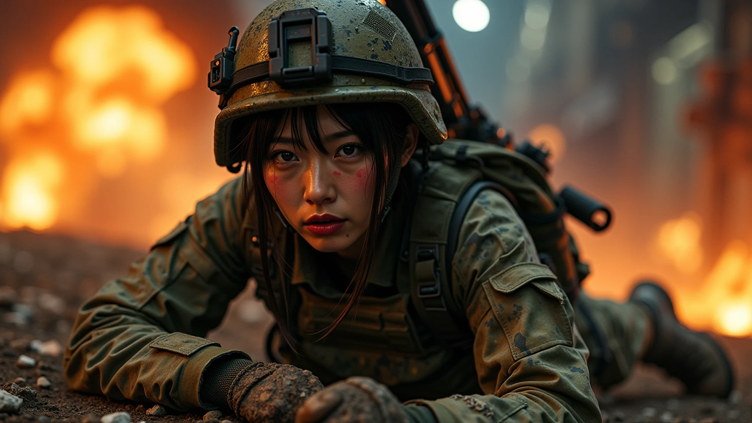 Photo-realistic, ultra-realistic, (very beautiful Japanese, famous Japanese idol:1.3), (Fully equipped for battle:1.5), large assault rifle on her back, (amazing view of multiple explosions:1), (painful impressions, crying:1.3), (wearing an army soldier's Camouflage outfits with military helmet:1.5), (Crawling at a battle field of Abandoned Building at night), very large breasts, (tactical vest, military harness:1.3), (military long boots:1), dynamic angle, spectacular, (injured:1.3), (muddied, damaged wears, damaged body:1.3),