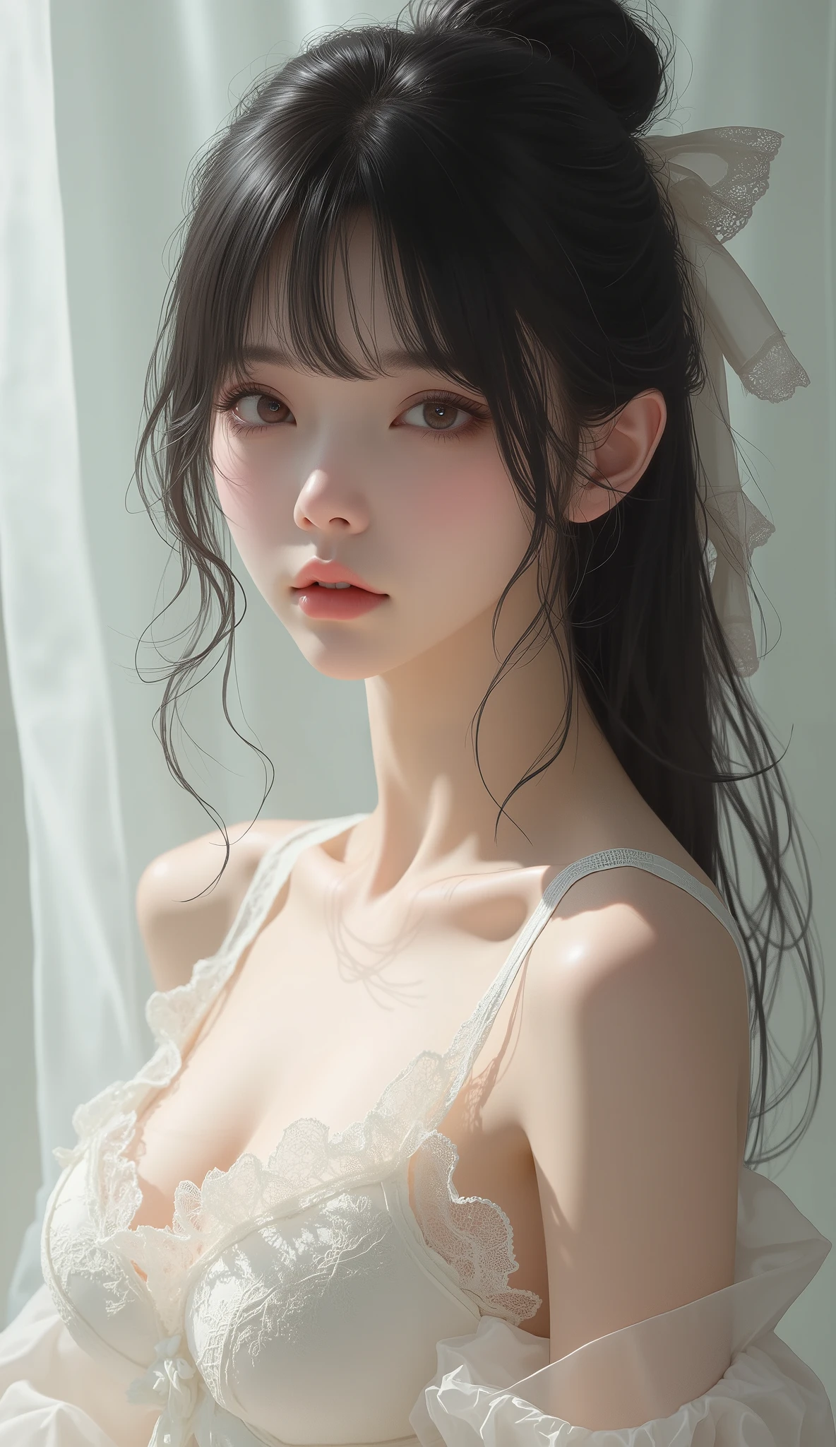 (masutepiece:1.3), High resolution, ultra-detailliert, the Extremely Detailed CG Unity 8K Wallpapers, Realistic, Photorealsitic, Raw photo, beautifull detailed face, Facial balance is the golden ratio、pale skin, realistic glistening skin, Detailed Cloth Texture, detailed hair texture, Perfect body, Beautiful face, acurate, Anatomically correct, Highly detailed face and skin texture, Natural neck length, (Fair skin:1.2), thin legs, Thin feet, (Aligned teeth:1.1), Sweaty skin, BREAK, Detailed eyes, symmetrical eye, Light brown eyes, Double eyelids, Thin eyebrows, (Sleepy eyes:1.1), (Glossy lips:1.4), (Mouth waiting for a kiss:1.2), (blush:1.2), (Small hair accessories that sparkle:1.1), BREAK, (classy girl:1.3), (Wearing (doress:1.2) With a white floral pattern), BREAK, ((Close Up Shot:1.2)), medium breasts, Slender figure, Firm abs, ((up do hairstyle, Dark blonde hair, Wavy Hair, Long hair:1.1)), ((asymmetric bangs:1.2)),