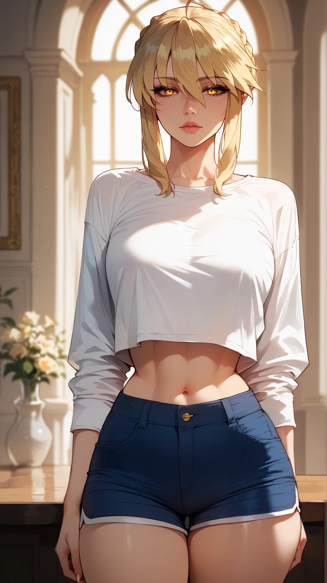 Artoria Pendragon style, blonde hair , golden eyes, perfect eyes, perfectly sexy face, ultra detailed, ultra perfect eyes , big beautiful woman , standing, dark blue shorts, Body, looking at the spectator,
