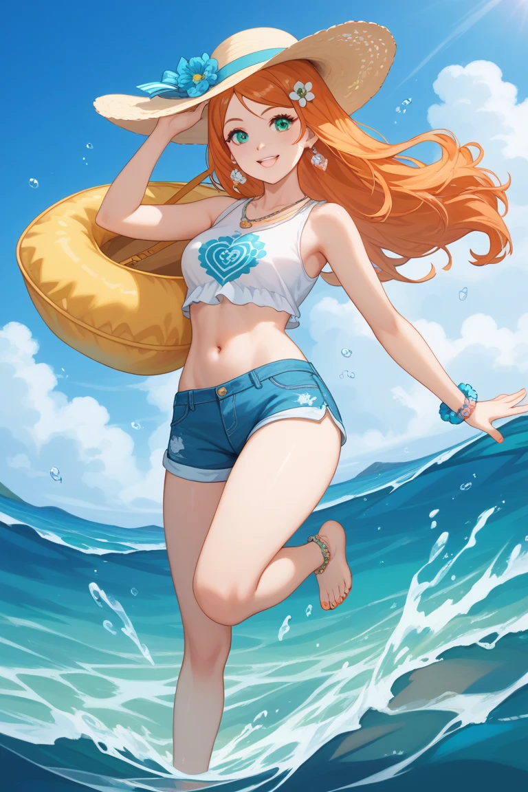Girl wearing yellow bikini, long red hair,soap bubbles around 