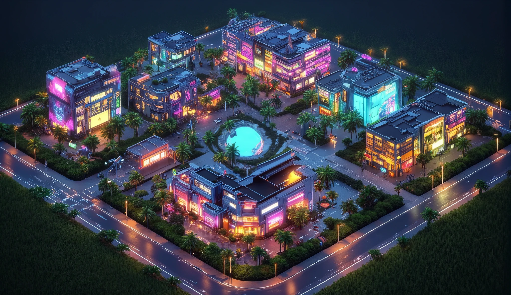 Create a vibrant isometric cityscape at night in a tropical summer setting.  ((isometric)). Replace the snowy landscape with lush greenery, bright summer grass, and paved roads. Keep the neon-lit buildings and casinos with palm trees, but adjust the lighting to reflect a warm, summery night atmosphere. Include glowing streetlights and reflections on the pavement, with a few cars parked around. Add details like a water fountain or pool in the center, surrounded by greenery and tropical plants. Ensure the scene feels lively and tropical, with warm, inviting tones.