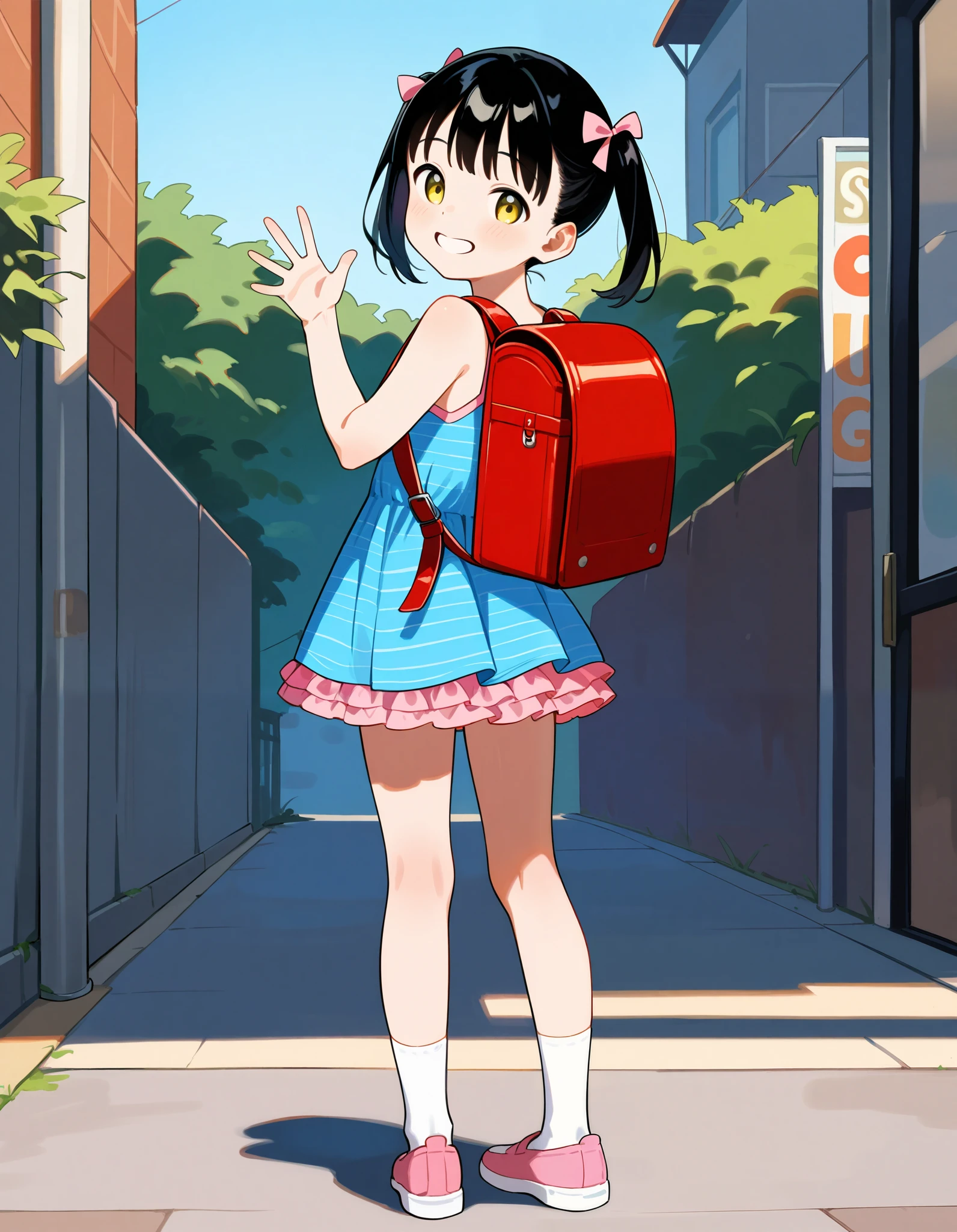 masterpiece, best quality, high resolution, extremely detailed, detailed background, cinematic lighting, 1girl, minamoto_shizuka, bangs, short twintails,pink shirt,, frown, city, street, looking at viewer, smile, full body, sunlight, dappled sunlight, day, outdoor, park, fullbody, wearing pink randoseru backpack, (randoseru backpack:1.0)