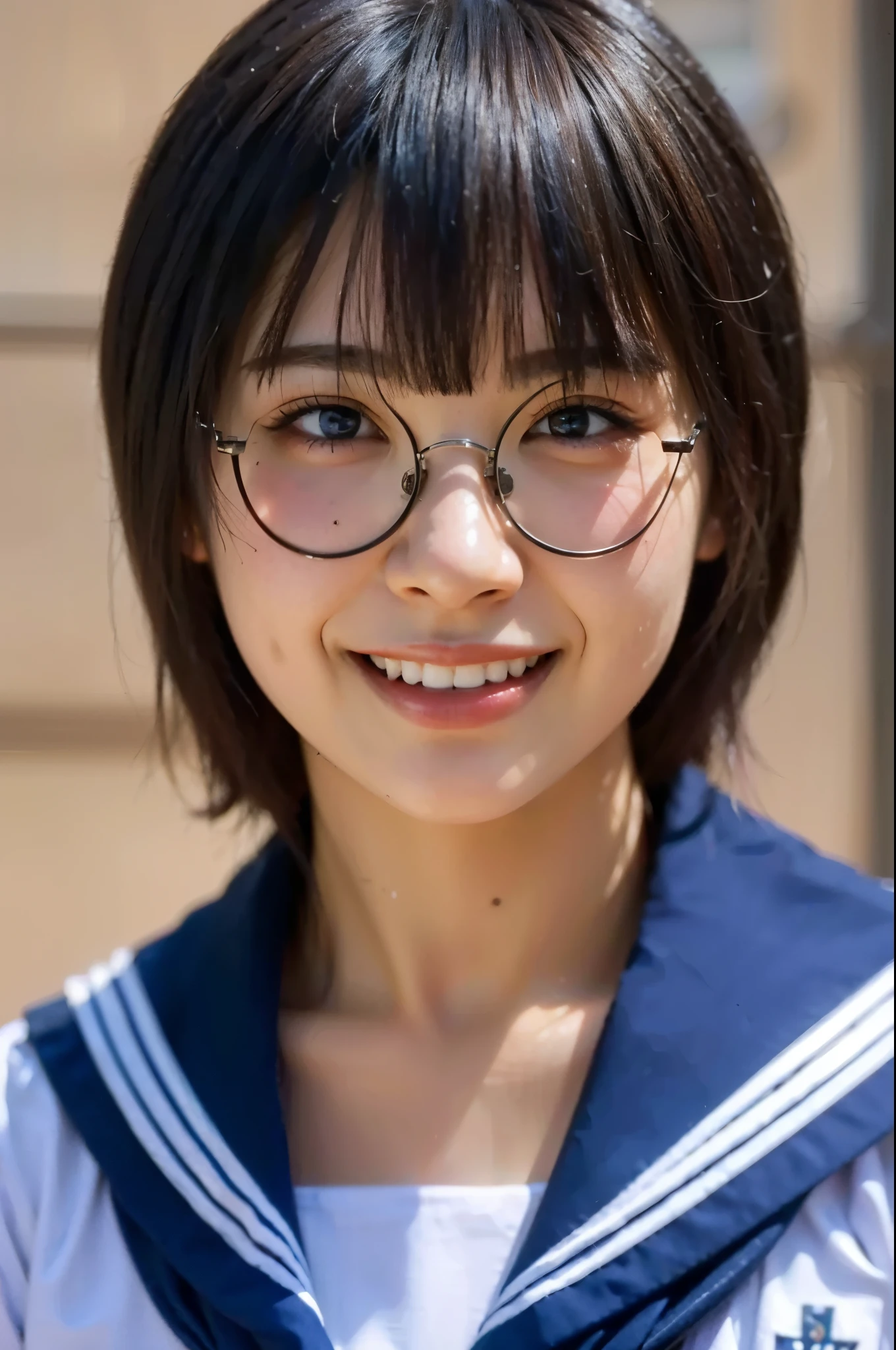 (Completely live action:1.37), (Amazingly realistic textures:1.37), (masterpiece, best quality:1.2), (8k uhd, 16k, 32k, ultra high res), amazingly realistic skin, amazingly realistic photo, superrealism, (photorealistic:1.37), (RAW photo), ultimately realistic, (ultimately realistic all details), (ultimately realistic all textures), super realistic lighting, super realistic shadow, (japanese girl:1.5), (realistic idol face), smiling, happy, super realistic face, ultimately realistic skin, ultimately realistic eyes, (mascara:1.35)ultimately realistic background, ultimately realistic detail up, kkw-ph1, GotouMaki, (Canon EOS R6, 85mm, 1/200s, f/5.6, ISO 1600), (tattoo), (mechanical armor:1.37), (sel-frame glasses), (blue eyes:1.2), (silver hair:1.3),