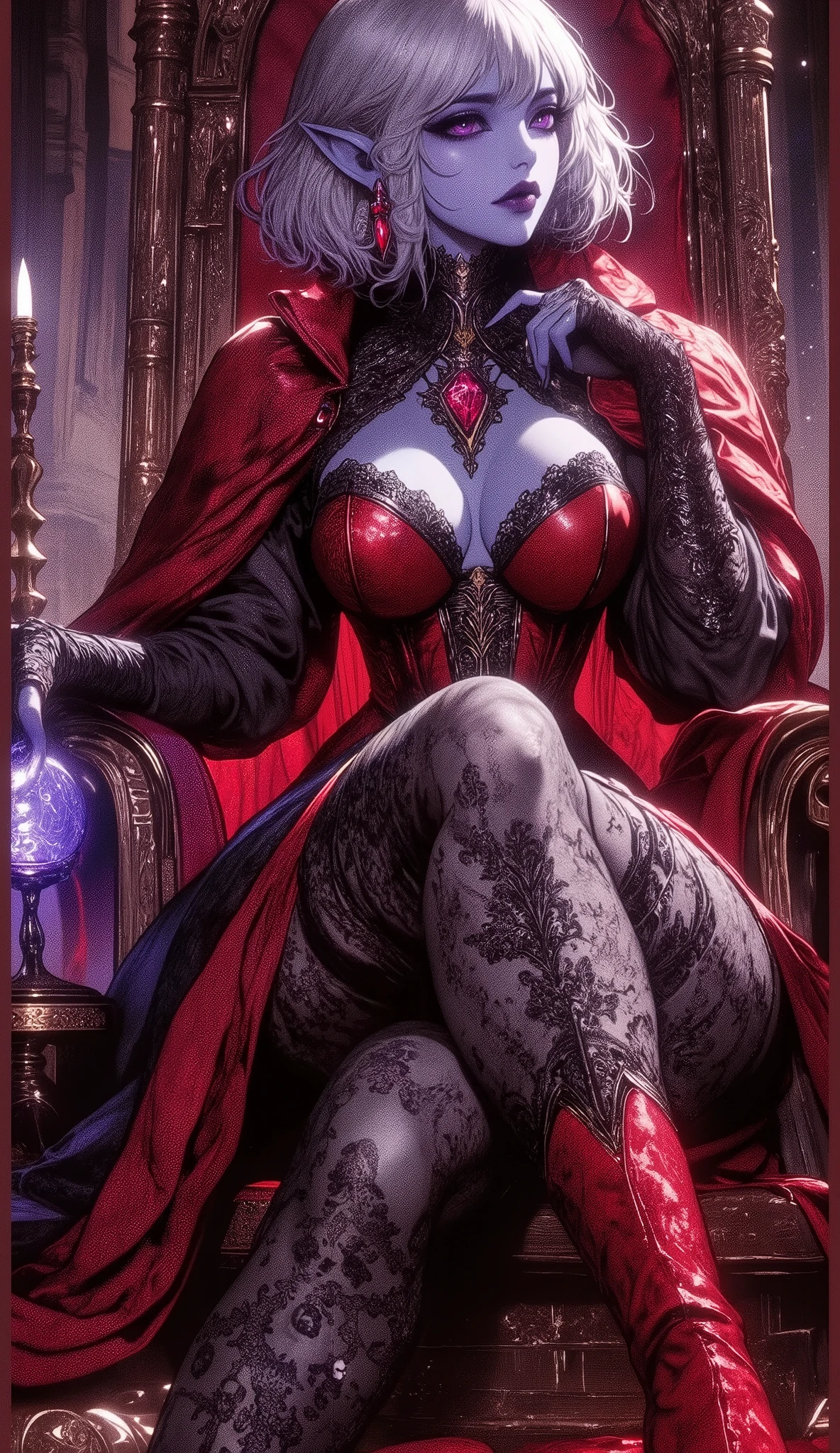 1 mature bewitching dark elf woman,(masterpiece:2.0, top quality :2.0, very detailed depiction:2.0, Incredibly Absurd High Definition :2.0,Curvaceous Body),(The Queen of the Bewitching Dark Elves ),(intricately crafted red and black royal dresses, Wizard's Robe ,black lace gloves, luxury accessories ,earrings, necklace, bracelet ,A mysteriously shining jewel, black tights, high heels, thigh-high boots ),(Blue Skin:2.0, purple eyes, Crazy Eyes , half-closed eyes:2.0,distraught expression , glossy lips,Beautiful legs, I'm putting my hand on my cheek, model pose,), sitting on the throne:2.0,Has a magic ball:2.0, full body image :2.0,Dim atmosphere, lamp light, view from below:1.3