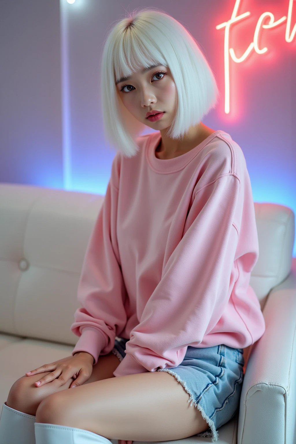 Create, (best quality:0.6), 21yo girl, white hair, long hair, plumpy, (viewed from above:1.0), (natural big breast:1.0), wear pink hoodie and denim pants, wear round glasses, sit pose on the floor, black background, cinematic lightning, (blue and red light:0.5).