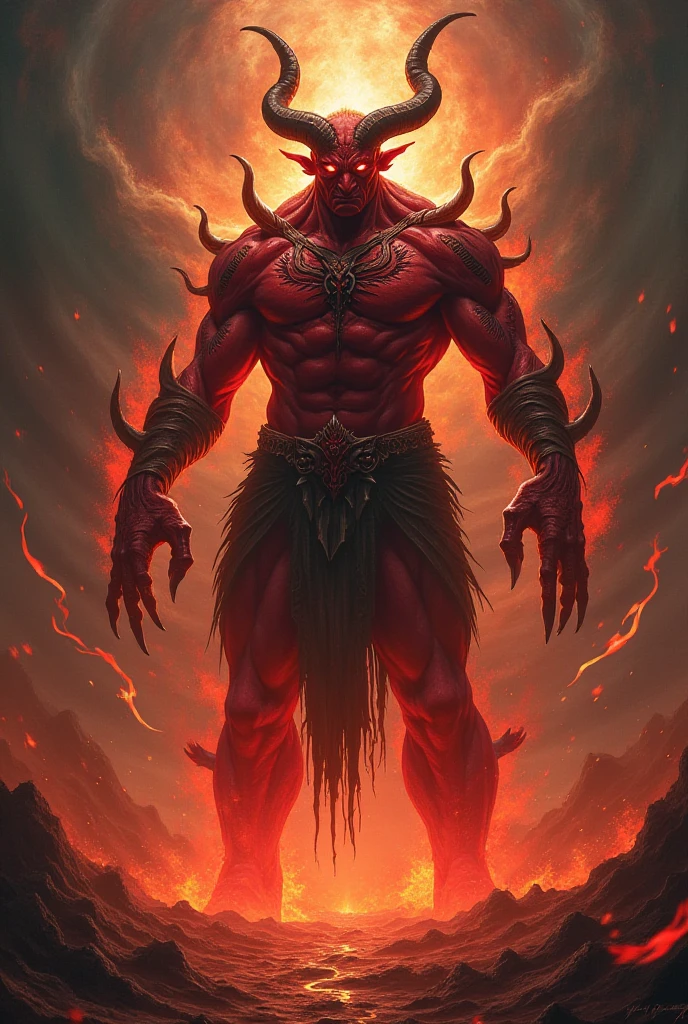 a huge demonic pit fiend boss, extremely detailed, photorealistic, 8k, ultra-detailed, masterpiece, powerful muscular body, horns, sharp teeth, clawed hands, wings on fire, mace raised overhead, deep gash on chest, dramatic lighting, infernal fiery background