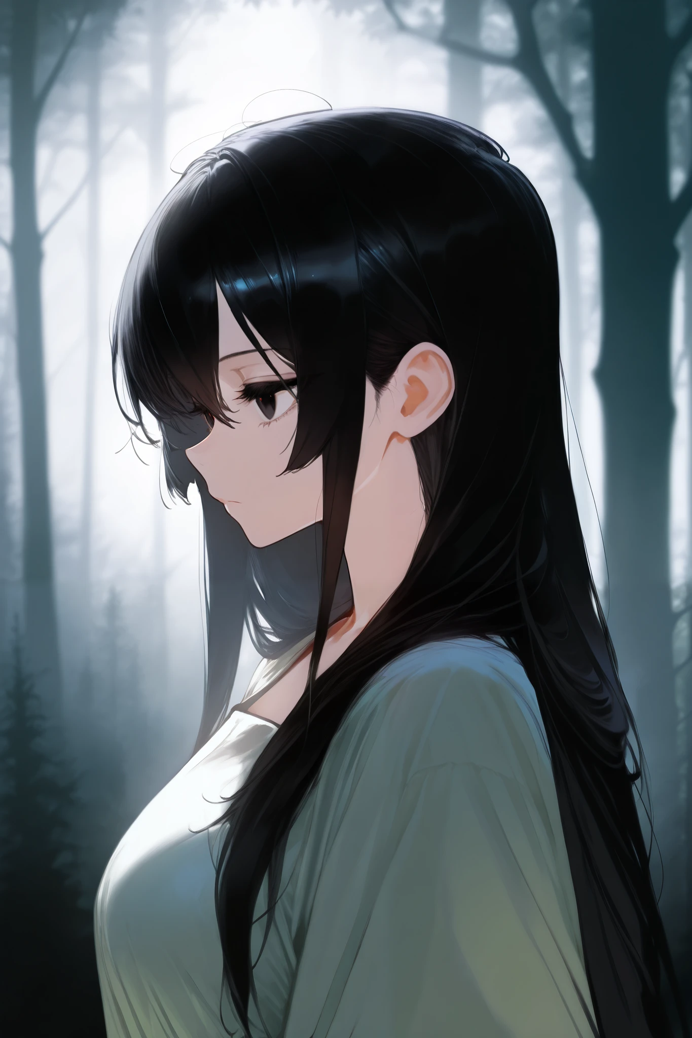 (masterpiece), 1girl, solo, best quality, expressive eyes, perfect face, retro artstyle, (pale skin), very long hair, (forehead), messy hair, black hair, large breasts, slim body, young woman BREAK white tank top BREAK black shorts BREAK grin, light smile, lineart, greyscale, monochrome, (white skin), looking at viewer, green eyes, forest, outdoors, landscape