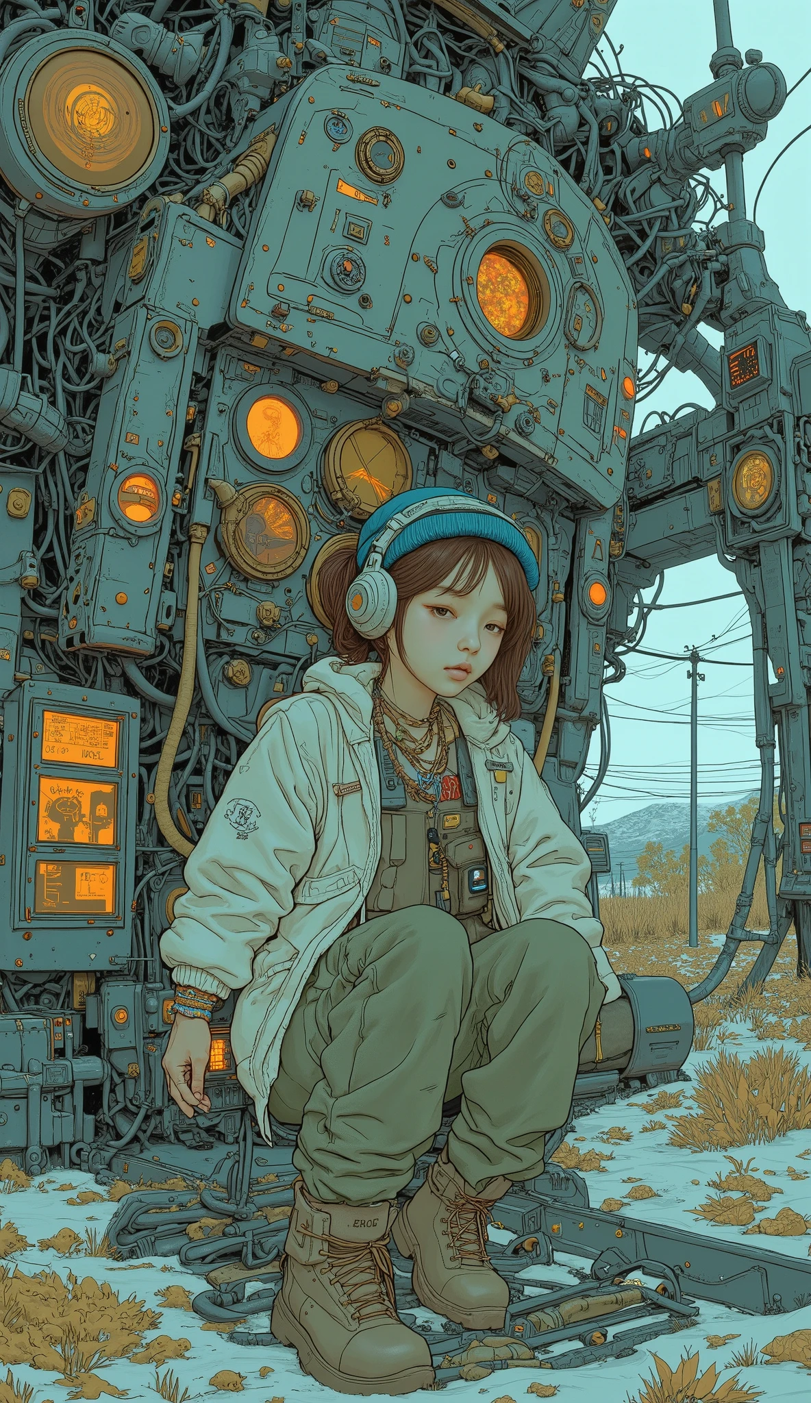  Surrealism  ,  artwork, 8K quality,  cute high school girl looking into the cockpit of a giant robot、Instruments emit light and seem to be able to maneuver 、 A high school girl wearing an off-white down jacket and loose moss green cargo pants, blue knit cap、 headphones、Trekking boots、 Colorful Accessories、 anatomically accurate、