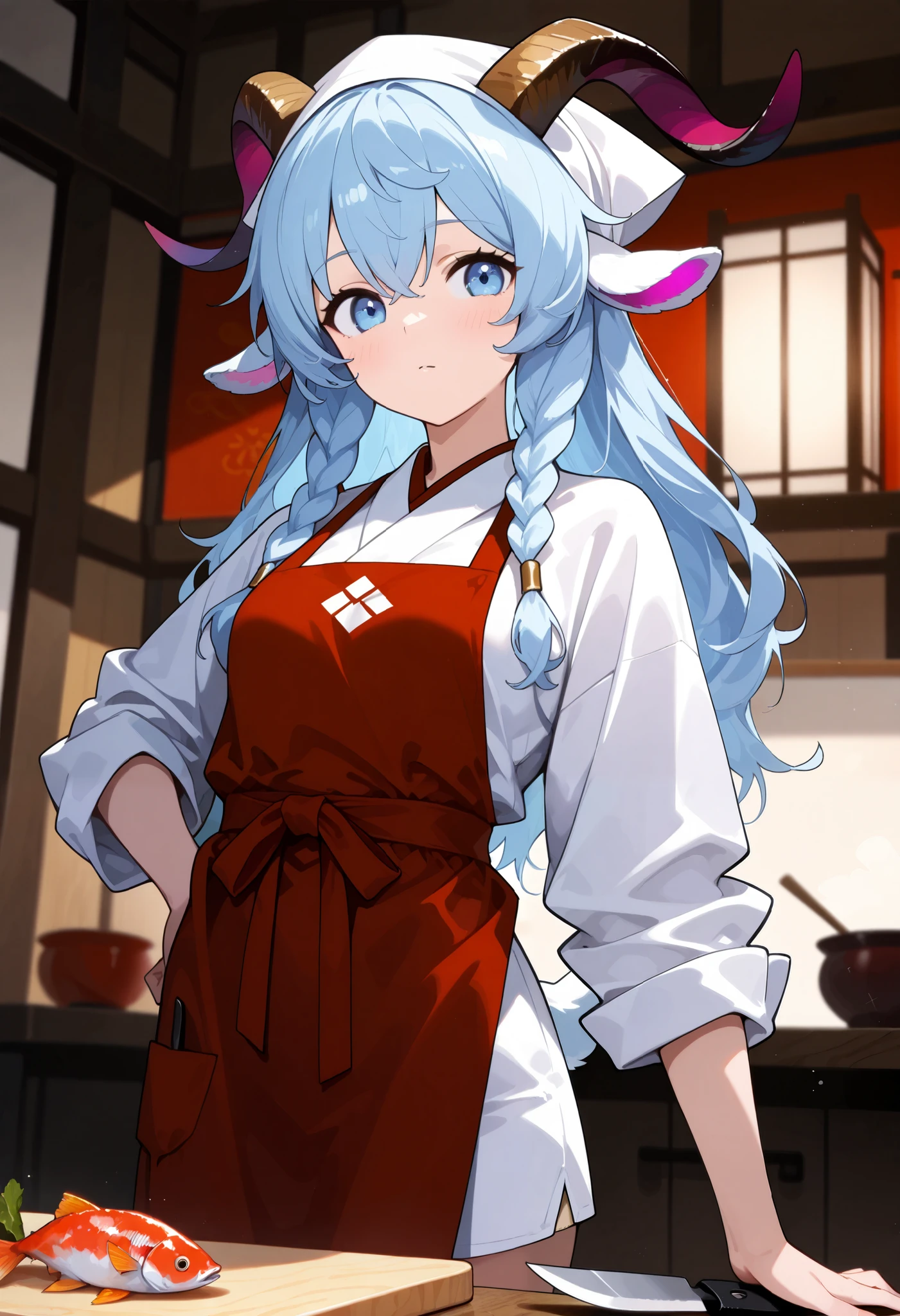 master Peace, Perfect Shapes ,satire, satire girl, goat horn ,Goat ears,Alone,scarlet color HARE, Long Hair with Braids, light blue eyes , tall,small breasts, Japanese restaurant work clothes ,triangle headscarf, apron, cowboy shot, holding a knife ,Fish on a cutting board
