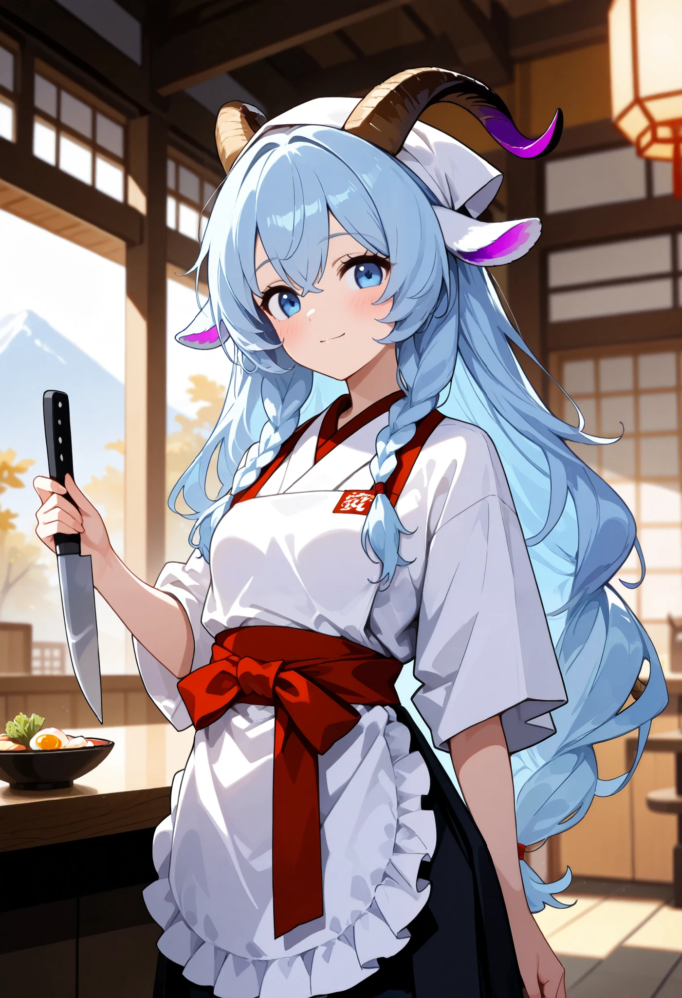 master Peace, Perfect Shapes ,satire, satire  girl, goat horn ,Goat ears,Alone,scarlet color HARE, long hair gathered in braids, light blue eyes , tall,small breasts, Japanese restaurant work clothes ,triangle headscarf, apron, cowboy shot, holding a knife ,Surrounding ingredients