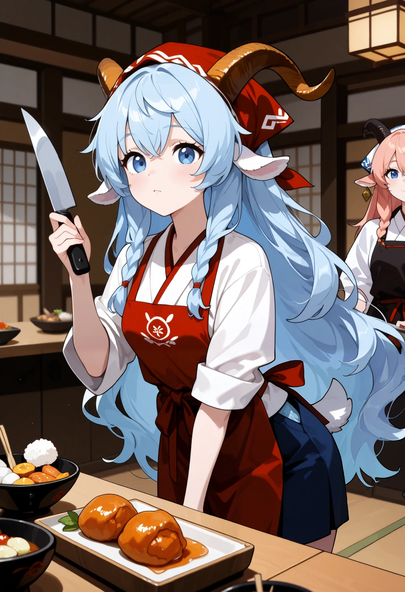 master Peace, Perfect Shapes ,satire, baphomet ,satire girl, goat horn ,Goat ears,Alone,scarlet color HARE, long hair gathered in braids, light blue eyes , tall,small breasts, Japanese restaurant work clothes ,triangle headscarf, apron, cowboy shot, holding a knife ,Surrounding ingredients,Goat's lower body ,