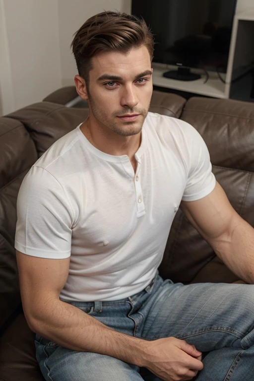 Man in home outfit, playing in the game console, short blond thick flat hair, and blue eyes, laughing, attractive male, handsome male, handsome young man, handsome and attractive, blonde and attractive features, attractive man, attractive young man, cool _ hairstyle, blond man, slim man with light tanned skin, Young man with long length, 8k