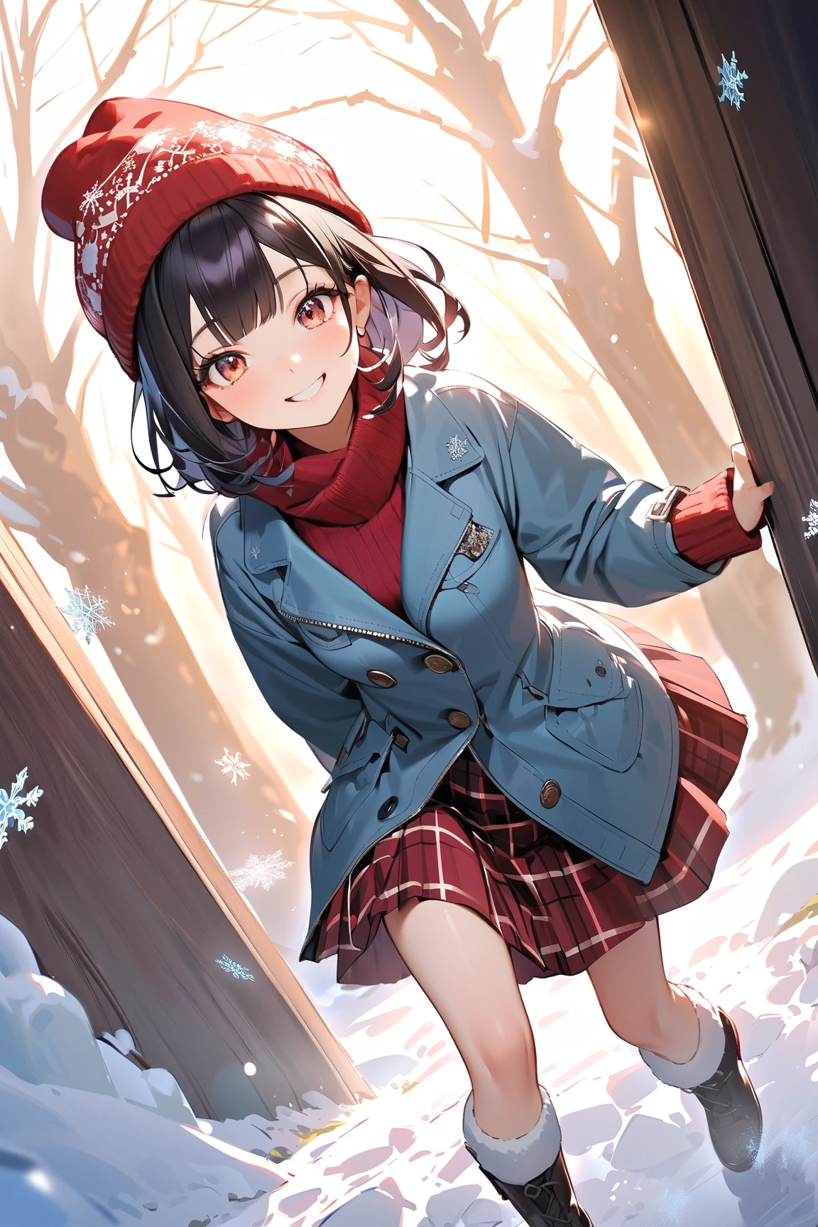 young girl, wearing one red scarf, yellow jacket, black pants, smiling, snow mans behind, in the snow, forest, nightfall, detailed, 4k, masterpuece