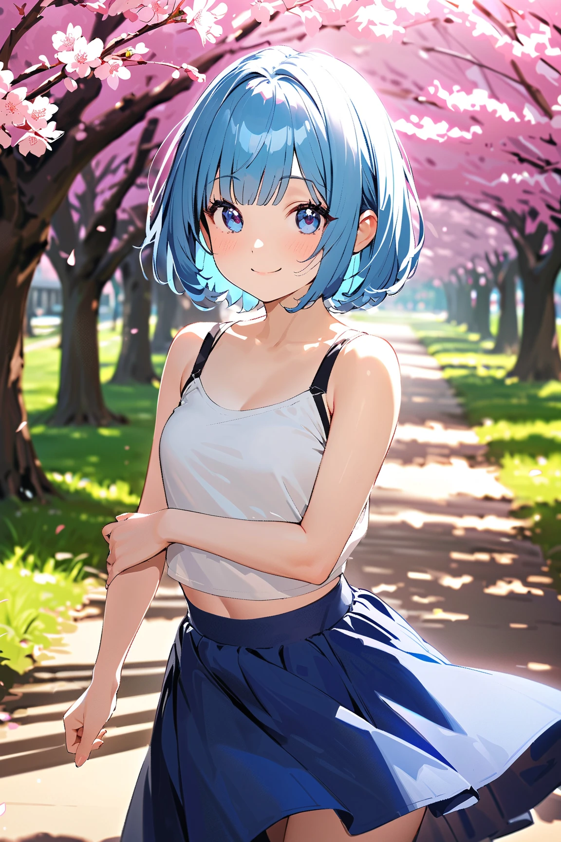 (masterpiece), Going out, cherry blossoms, Outdoor, One girl,Tank Top ,Medium Hair, Light blue hair, smile, Medium chest, Particles of light, Speckled sunlight