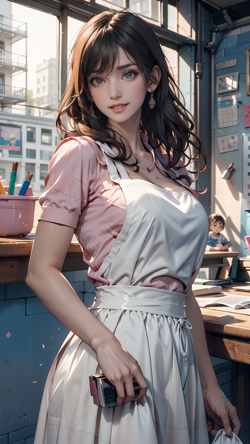In the lab, a beautiful researcher with a flush on her cheeks, a weird smile, a syringe in her hand, frills,Lace trim,Clothing style, Clothing prints,Liu Haixiu,Translucent skirt,standing on your feet,eyes glowing,Raised sexy,lipsticks
