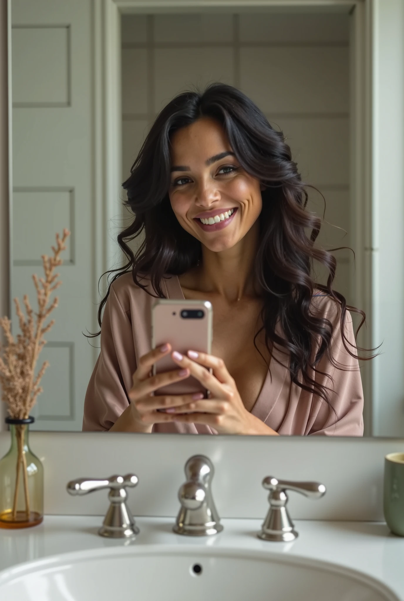 Create an image of a Latina woman taking a selfie while lying on a bed. She has long, dark, wavy hair and is wearing a comfortable yet stylish outfit, such as a casual top and shorts or pajamas. The setting is a cozy bedroom with soft, warm lighting, highlighting her relaxed and cheerful expression. The bed is neatly made with plush pillows and a cozy blanket. She is smiling warmly, holding her smartphone at arm's length, capturing her face and upper body clearly in the frame. The overall atmosphere should be intimate and inviting.
