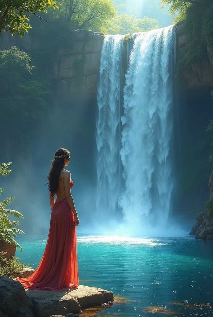 1girl, realistic beautiful young woman, wearing colorful dress, waterfall, walking under the waterfall, with her back to the audience, ethereal beauty, full body, character ratio is only 1/8, lake surface, ((large grove)), Tyndall ray, realism, cinematic lighting, ray tracing, optical illusion, lens flare, 120mm, f/1.2, sony fe gm, ultra hd, retina, masterpiece, ((best quality)), ((masterpiece)), (very detailed: 1.3)