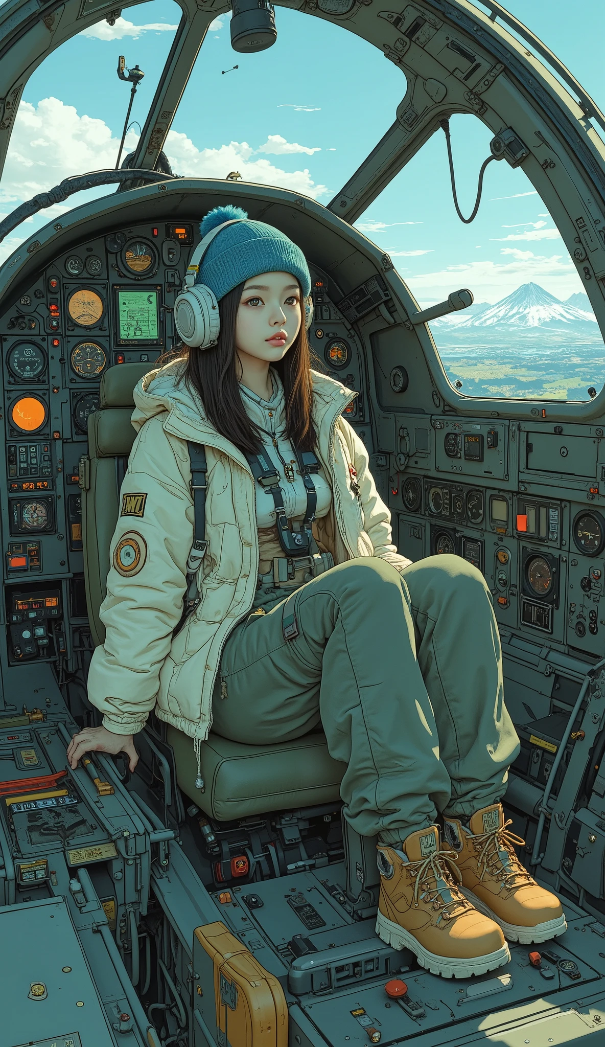 Surrealism , artwork, 8K quality, cute high school girl sitting in the cockpit of a fighter jet 、Instruments are emitting light 、 straddling the cockpit of the 、 the outside is projected through the canopy、 High school girl wearing an off-white down jacket and loose moss green cargo pants, blue knit cap、 headphones、Trekking boots、 Colorful Accessories、 anatomically accurate、