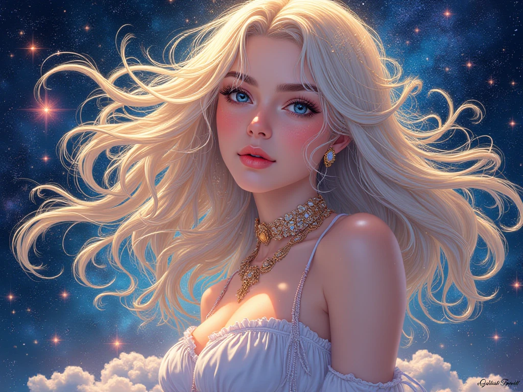 a beautiful 20 year old nude blonde woman with big messy hair, laying on a fluffy cloud in the sky, with glowing moon and twinkling stars, with a small cityscape below, fantasy art style, rossdraws cartoon vibrant, cyberpunk, cute detailed digital art, colorfull digital fantasy art, digital fantasy art ), glossy digital painting, rossdraws pastel vibrant, rossdraws 2. 5, rossdraws 1. 0