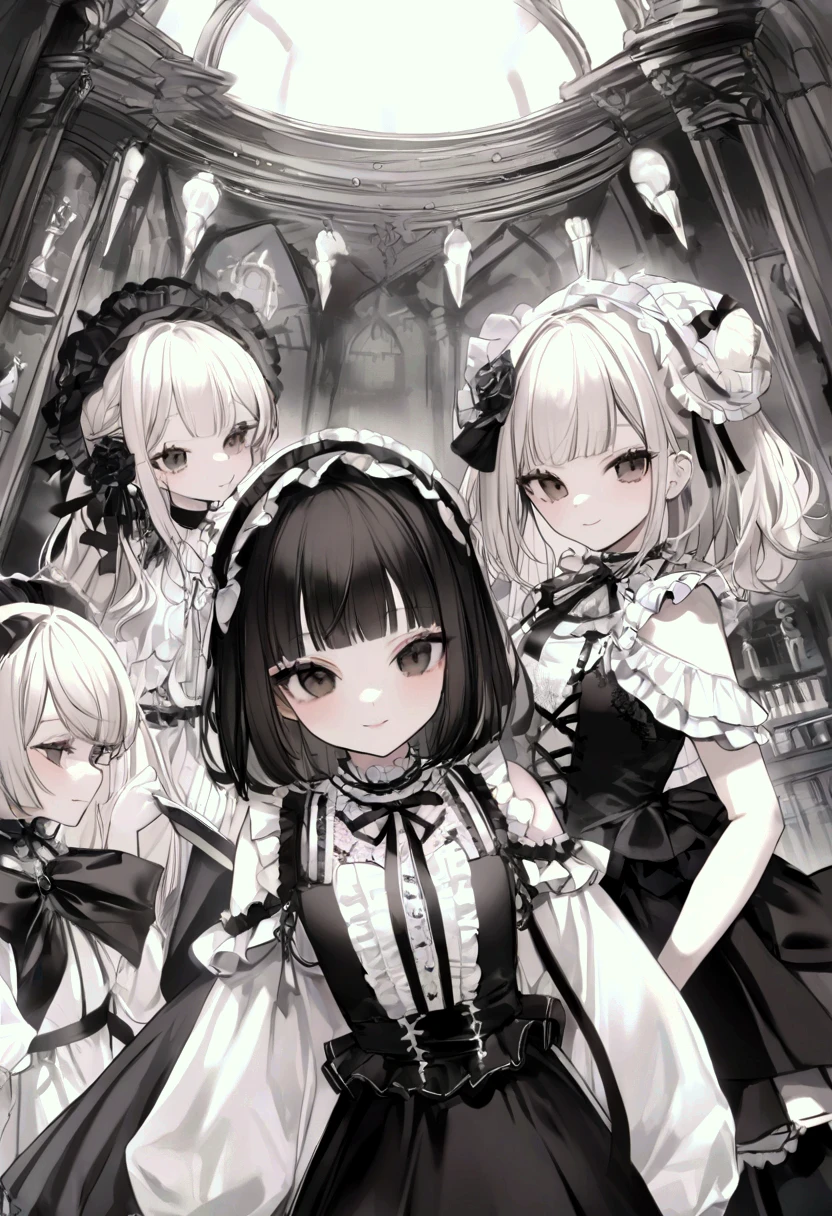 three women on stage,skirts,Gothic ta,Idol costumes,Dancing,titts,tall of a person,short of a person,Cute face,slant eyes,drooping eyes,Thin eyebrows,Open mouth,Smiling,Medium hair,Semi-Long Hair,Long hair,Straight Hair,Wave Hair,indoor,Anime Style,masterpiece, extremely fine and beautiful,illustration