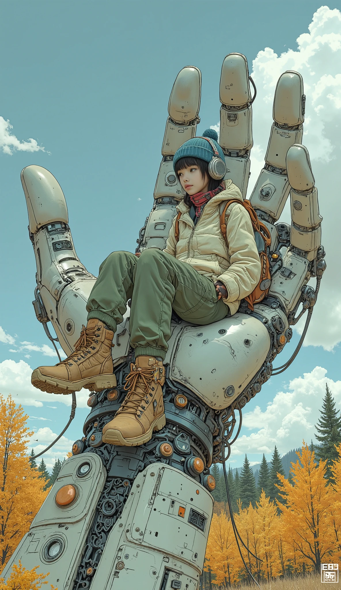  Surrealism  ,  artwork, 8K quality,  cute high school girl sitting on the palm of a giant robot、A very huge mechanical hand 、 A high school girl wearing an off-white down jacket and loose moss green cargo pants, blue knit cap、 headphones、Trekking boots、 Colorful Accessories、 anatomically accurate、