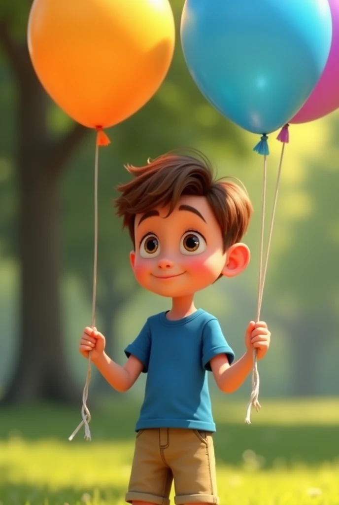 A boy holding baloon, colorful balloons floating in the sky, short pants, meadow, dancing, holding flowers, happy, happy, perfect quality, clear focus (clutter-home: 0.8), (masterpiece: 1.2) (Realistic: 1.2) (Bokeh) (Best quality) (Detailed skin: 1.3) (Intricate details) (8K) (Detail Eyes) (Sharp Focus), (Happy)