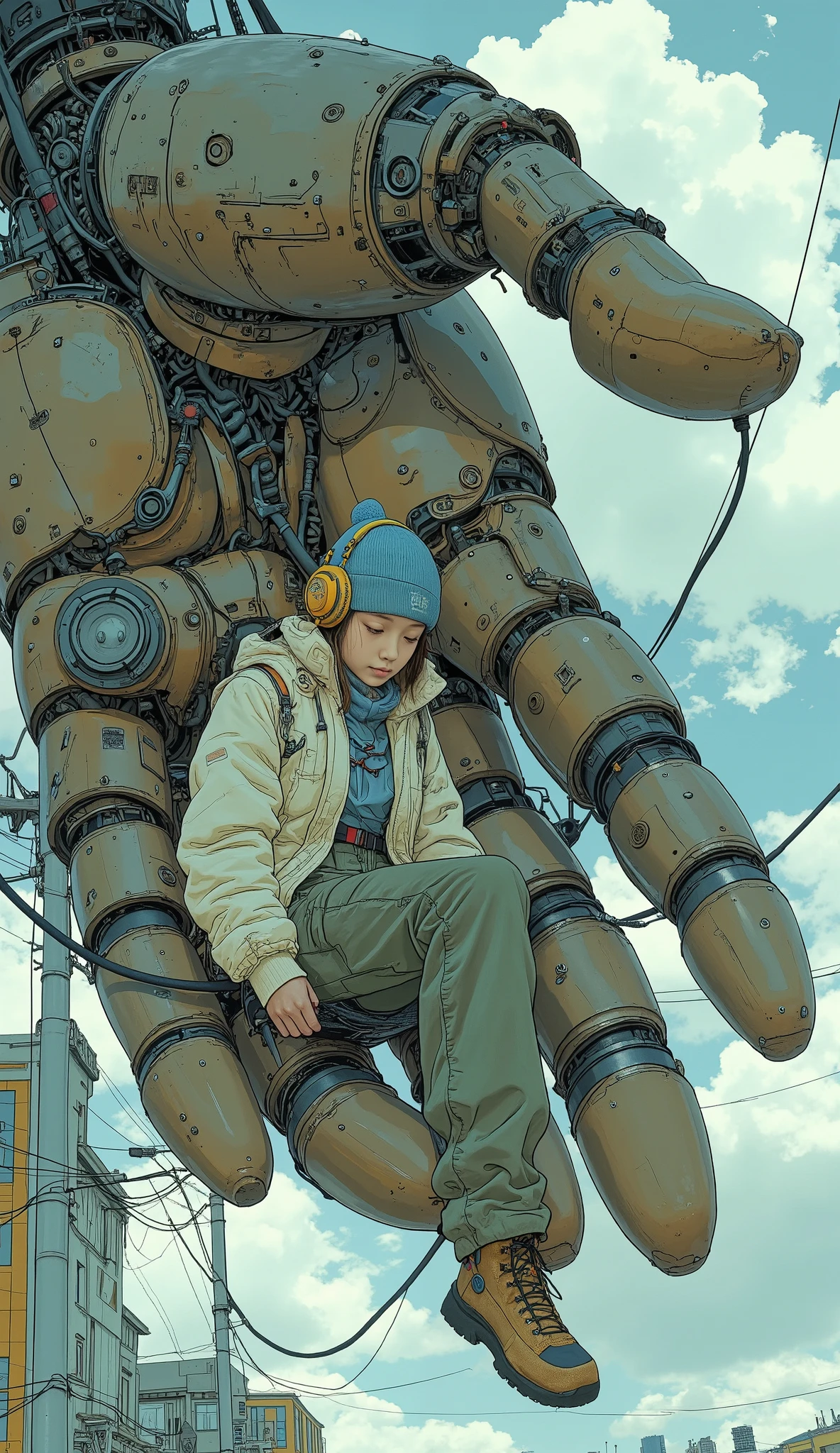 Surrealism , artwork, 8K quality, cute high school girl sitting on the palm of a giant robot、A very huge mechanical hand 、 High school girl wearing an off-white down jacket and loose moss green cargo pants, blue knit cap、 headphones、Trekking boots、 Colorful Accessories、 anatomically accurate、