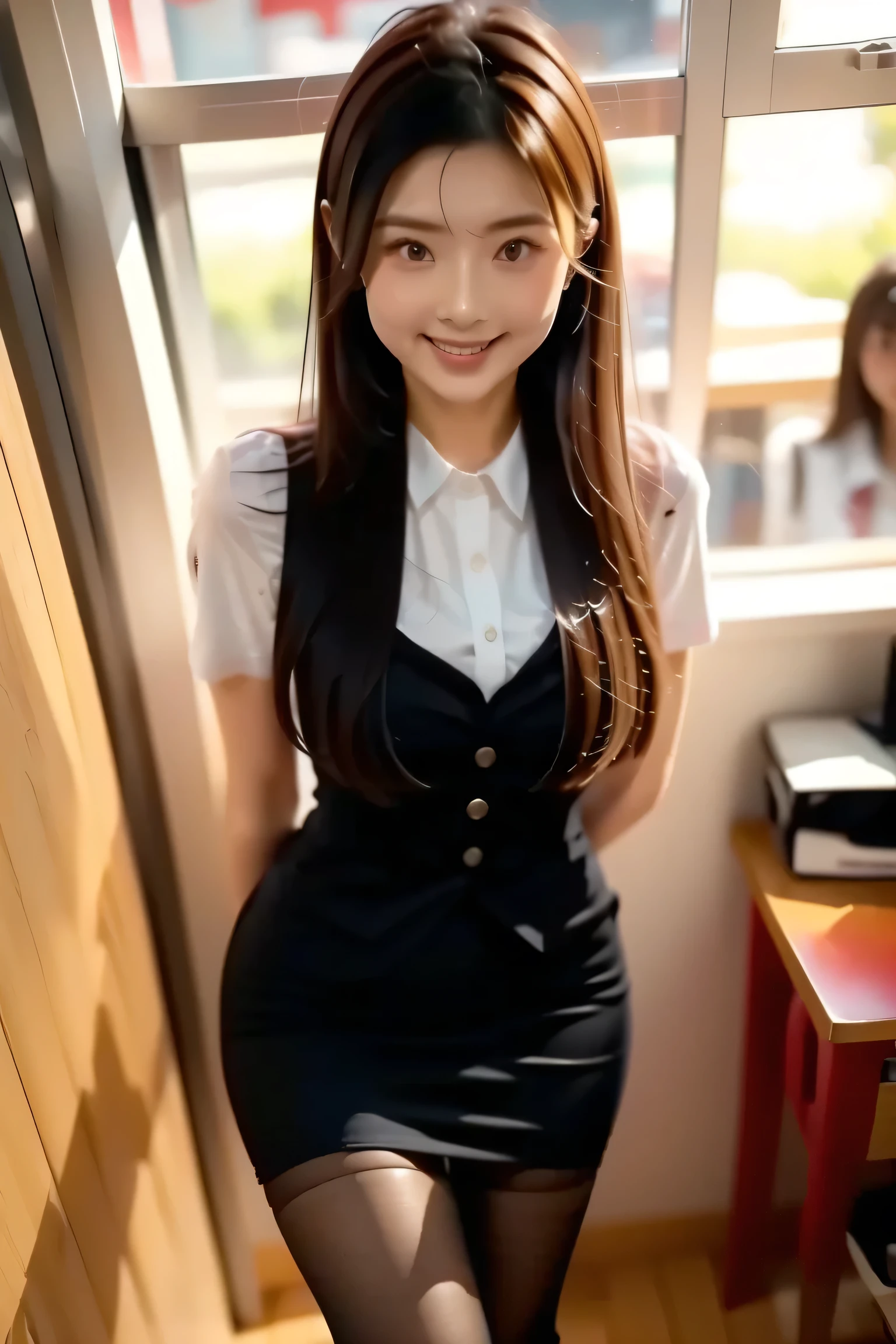 (( Best Quality )), ((masterpiece)), ( Details ), 1girl ,23 years old Japanese Girls,office girl, with the eyes of the seductive eyes of the workmen , skirt, Black Stockings, heels, Adorable expression ,Smile of Seduction,Hands in the back of the brain , in the office suit {x} looking ahead, from the first-person perspective
