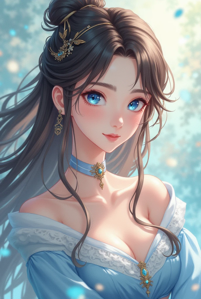 a beautiful young woman with sparkling blue eyes and hair, pastel blue jumpsuit, listening to music in her headsets, detailed portrait, masterpiece, photorealistic, intricate details, vibrant colors, glowing skin, dreamlike, serene expression, soft lighting, ethereal, whimsical, elegant