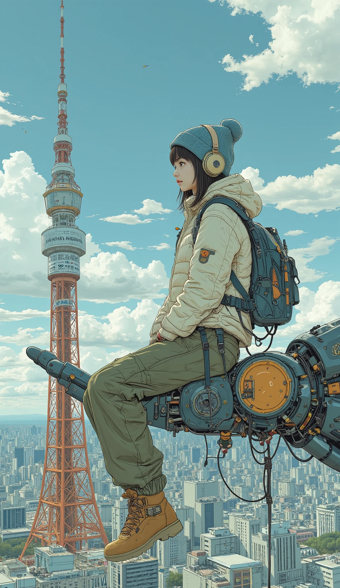 Surrealism , artwork, 8K quality, cute high school girl sitting on the palm of a giant robot、A very huge mechanical hand 、 clings to the hand and looks down at Tokyo Tower below、 A high school girl wearing an off-white down jacket and loose moss green cargo pants, blue knit cap、 headphones、Trekking boots、 Colorful Accessories、 anatomically accurate、