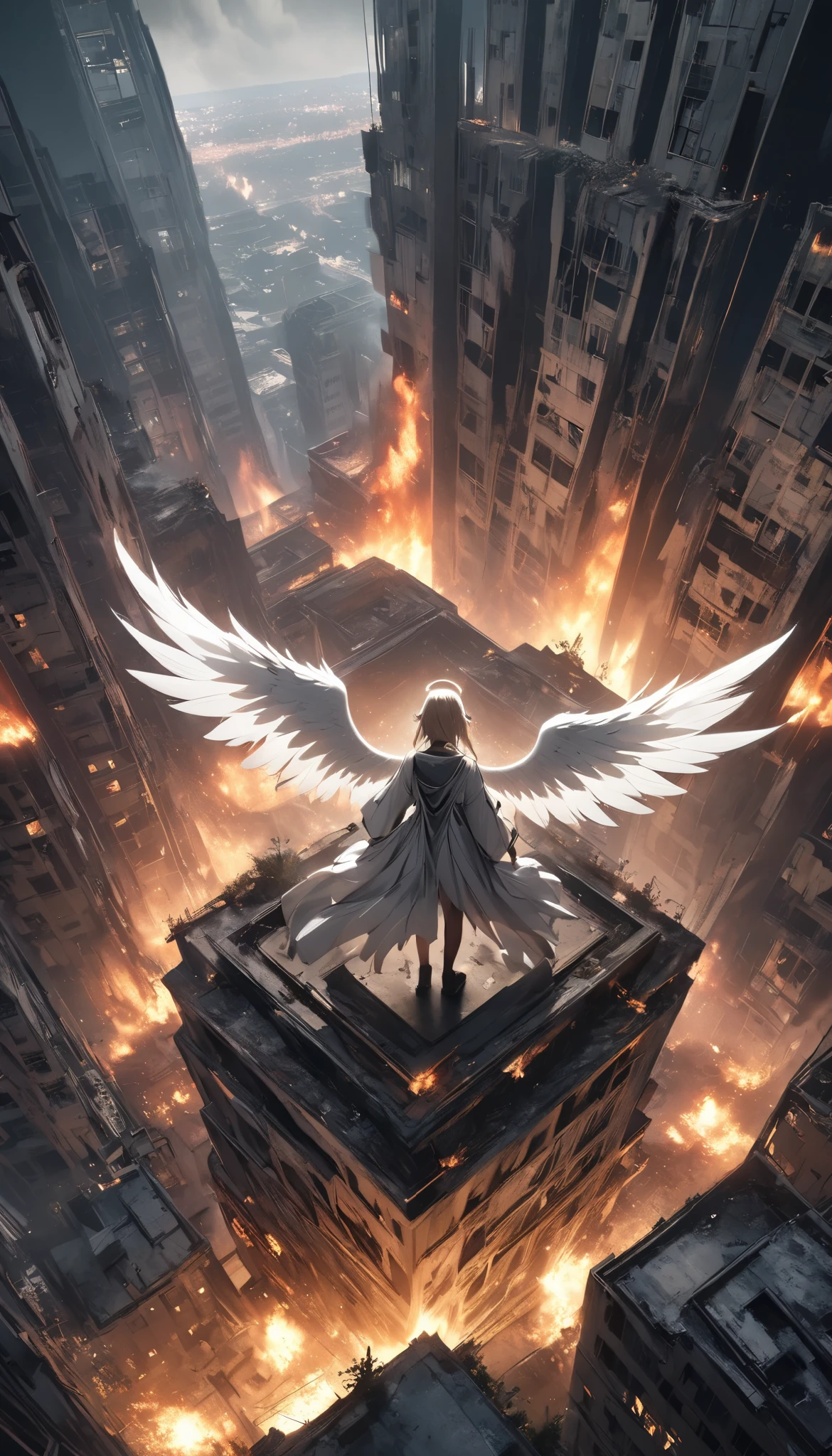 (Fascinating Angels Standing with their backs , Alone, Big, Aesthetic White Wings Growing from That Angel, Gently envelops repeated mistakes), I'm looking down on the underworld from the top of an abandoned skyscraper, An Ugly War Unfolding in the Underworld , Nature destroyed by small-scale explosions and fire spread , shot from above, over the top, BREAK Multiple Exposures , Beautiful Regenerated Plants , BREAK Viewpoint Looking Down from Above , Place the Subject in the Lower Left , Ideal Composition , Theme of Destruction and Regeneration , ARW