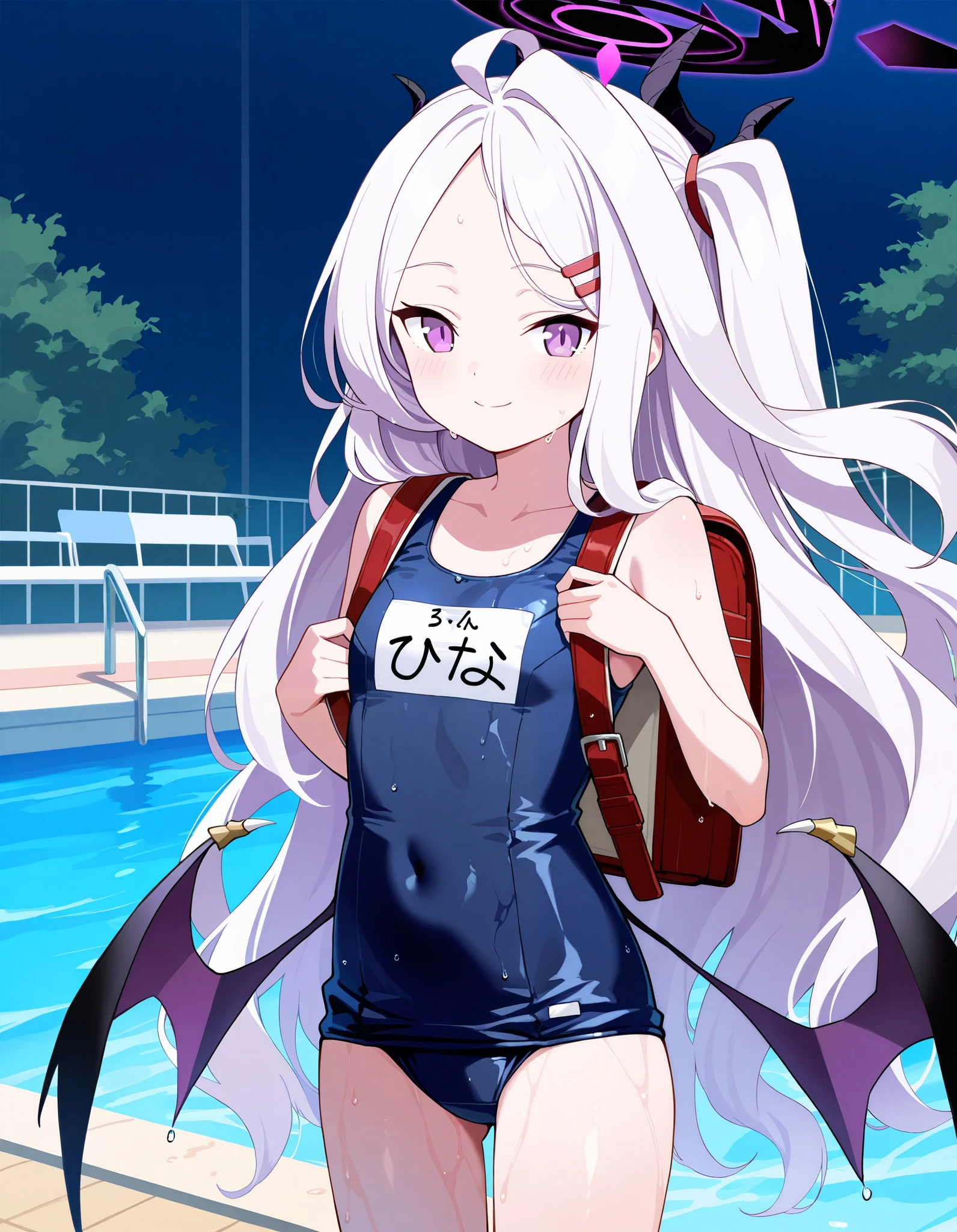 Masterpiece, hd, best quality, solo, alone, hina sorasaki, hina (blue archive), blue archive, purple eyes, white hair, halo, ahoge, parted bangs, long hair, very long hair, red hair clip, smile, old school swimsuit, school swimsuit, blue one-piece swimsuit, one-piece swimsuit, name tag, swimsuit, small demon wings, outdoor, smile, closed mouth, standing, cowboy shot, swimming pool, wet body, wearing school backpack, red backpack, (backpack:1.2)