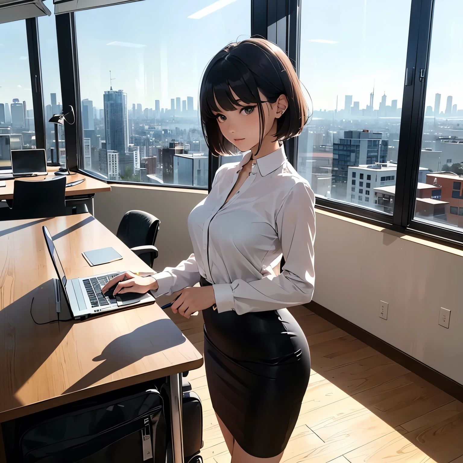 (masterpiece), anime, Best quality, good anatomy, one girl, Hinata Hyuga, Naruto, costs, Big breasts, realistic face, gloomy face, dark hair, short haircut, chölka, white eyes, Naked, office skirt, office