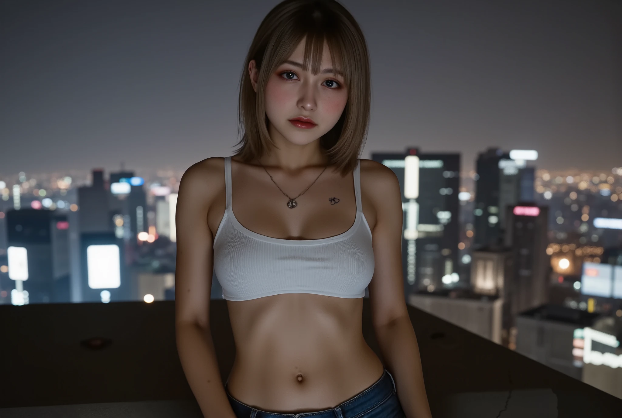 Hyperrealistic art (Masterpiece Photo:1.3) of (Ultra detailed:1.3) <lora:Underboob-000010:1> underboob, 1girl, cute, beautiful, skinny, fit, asian, 20 years old, [very long hair|black hairl], messy hair, pale skin, small breast, black skirt, red crop top, night city background, action pose,(by Artist Lyubov Popova:1.3),Highly Detailed,(Harlem Renaissance:1.3) . Extremely high-resolution details, photographic, realism pushed to extreme, fine texture, incredibly lifelike