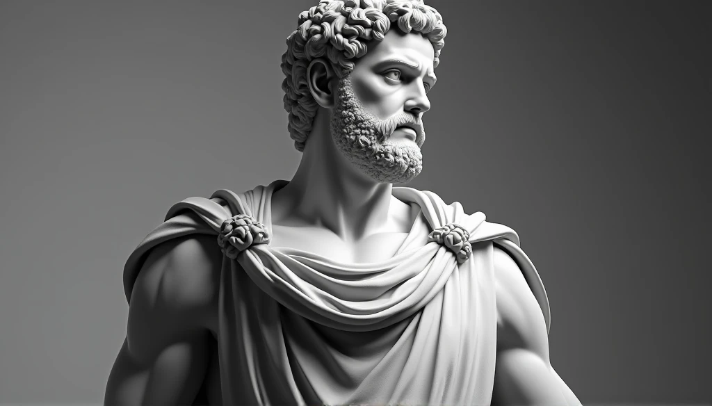 Realistic 3D statue of Julius Caesar looking directly at the camera, Displaying his majestic figure and resolute expression. Be sure to capture the details of his Roman robes and his discerning gaze.. The scene should evoke the power and authority of the Roman Empire and the opulence of the characters.