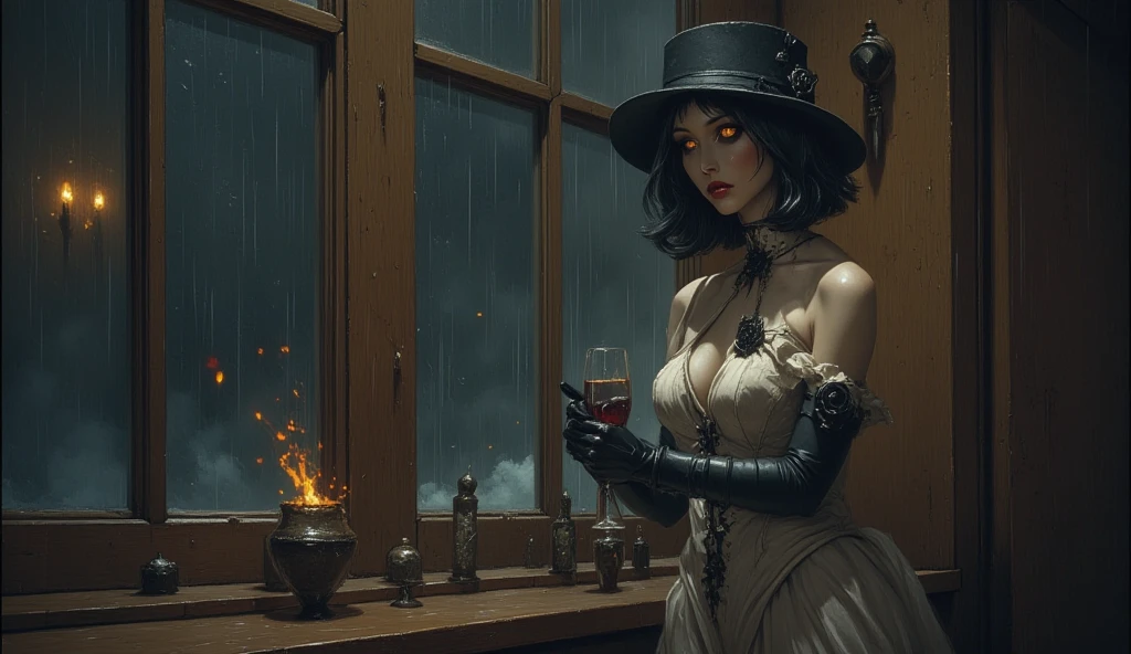 a sexy witch woman, beautiful detailed eyes, beautiful detailed lips, extremely detailed face, long eyelashes, steampunk club, grim reaper, sitting at a table, having a drink, chiaroscuro lighting, dark moody atmosphere, intricate clockwork mechanisms, brass and copper accents, steam punk style, moody dramatic lighting, deep red and orange color palette, cinematic composition, photorealistic, ultra-detailed, 8k, best quality, masterpiece