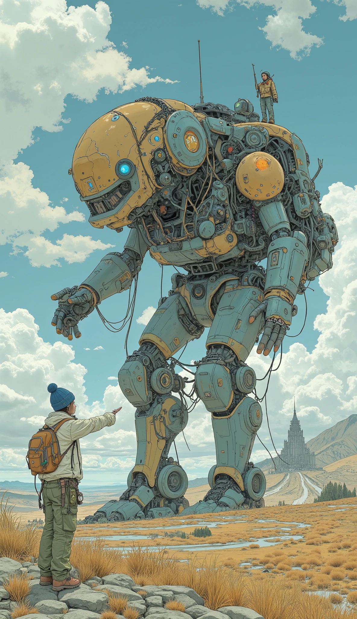 Surrealism , artwork, 8K quality, A cute high school girl standing on the shoulder of a giant robot pointing at the destination、A very huge mobile weapon 、 the futuristic fortress of the destination is visible in the distance 、 a huge mobile weapon that follows a high school girl's instructions 、 High school girl wearing an off-white down jacket and loose moss green cargo pants, blue knit cap、 headphones、Trekking boots、 Colorful Accessories、 anatomically accurate、