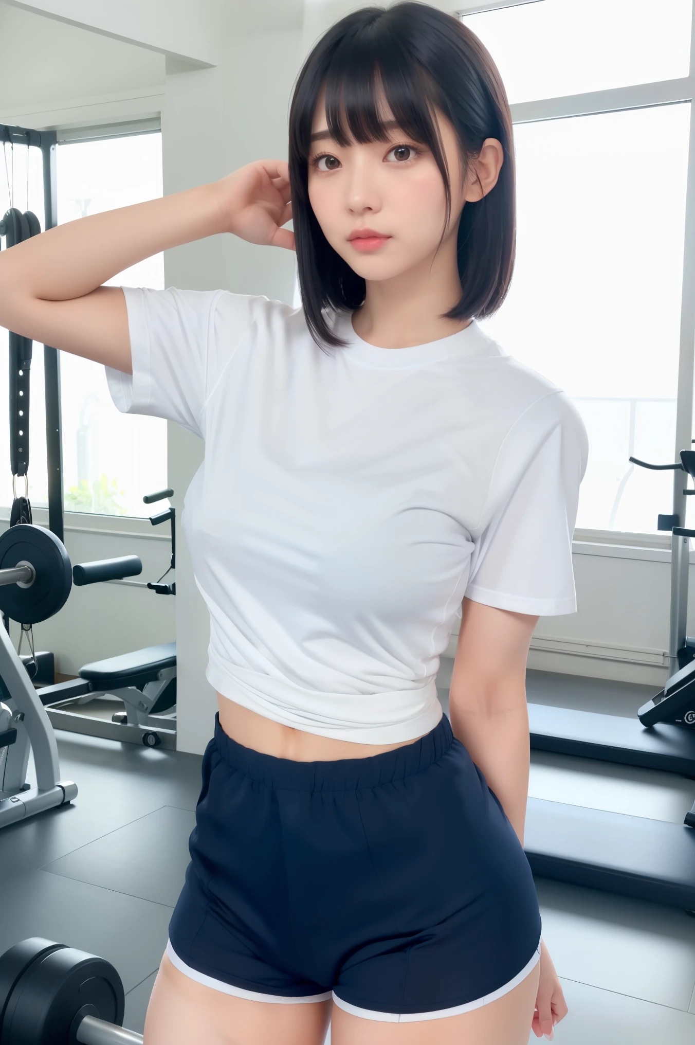 In a hotel room, Age 25, On the bed, ((Dorsal position、Please raise your hips、put in、Deep joy、Severe pain、Ecstatic Eyes:1.2）,despair, ((I close one eye and breathe hard:1.2))、Ecstatic face、Natural Makeup, Climax expression、look up、Staring at the ceiling、Endure:1.5)), Through clenched teeth、The whole body is projected, Navy Blue Bloomer:1.5)), (( Gym Uniform, White T-shirt:1.5)),The cutest gravure idol pose in the world、Perfect Proportions、cute、((18-year-old female:1.2))、Young and adorable Japanese face，Huge cleavage、Thighs Thighs Thighs Thighs、Official Art，Highly detailed CG Unity 8k wallpaper, (masterpiece:1.0),(Highest quality:1.0), photo shoot, 8k, Browsing Caution, High resolution, Kodak Portrait 400, Film Grain, Lens flare brilliance,View your audience