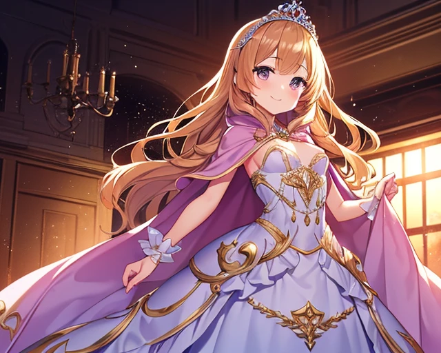 sumire2, tiara, drill hair, long hair, solo, elbow gloves, white pantyhose, purple dress, cleavage, purple gloves, pearl necklace, blunt bangs, puffy short sleeves, bow, medium breasts, portrait upper body