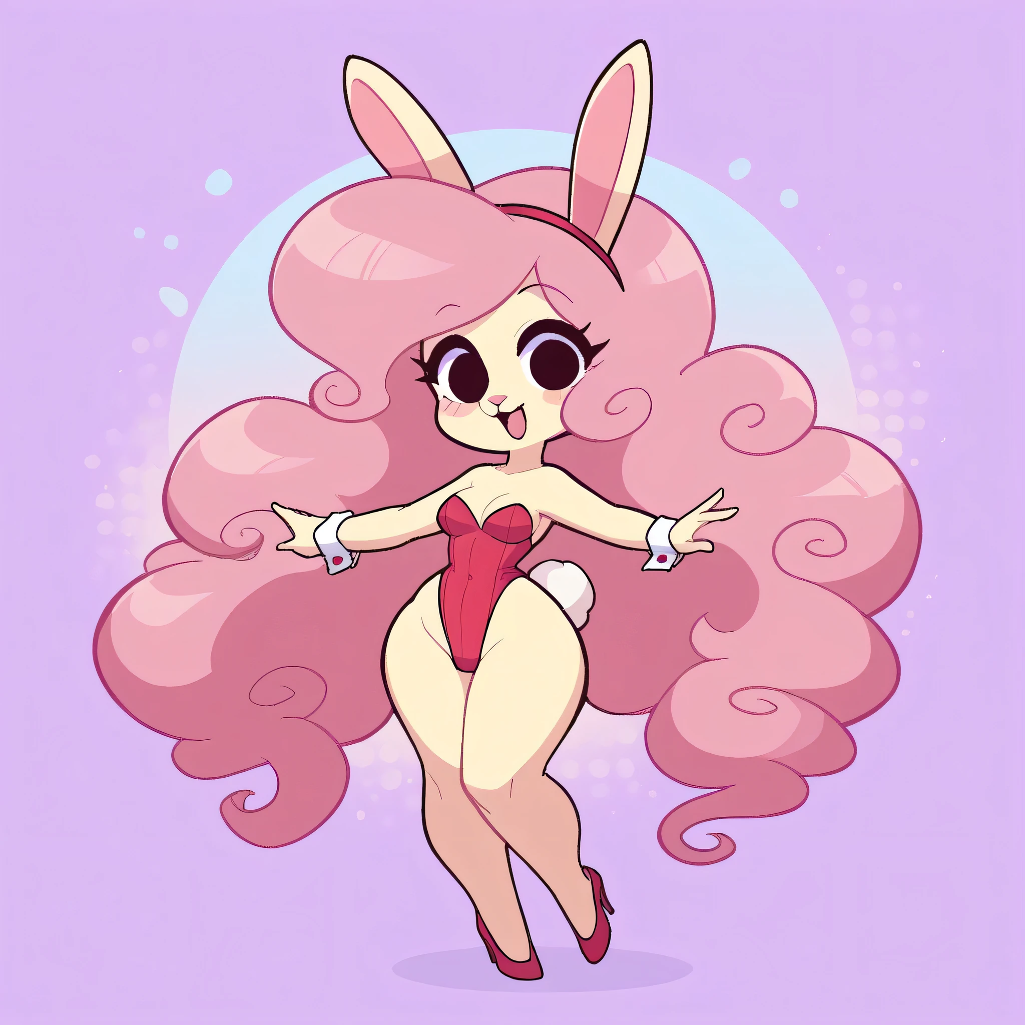 better quality, very detailed illustration , , ( Anthropomorphic furry rabbit:1,7), ruffled voluminous bouncy hair , rabbit ears, playful look, delgado, chibi body, thin waist , wide hips, simple drawing, Artifyber style , pastel flat colors , beautiful, cartoon ,solo, long curly pink hair, bunny body suit, high heels, fluffy tail, dancing