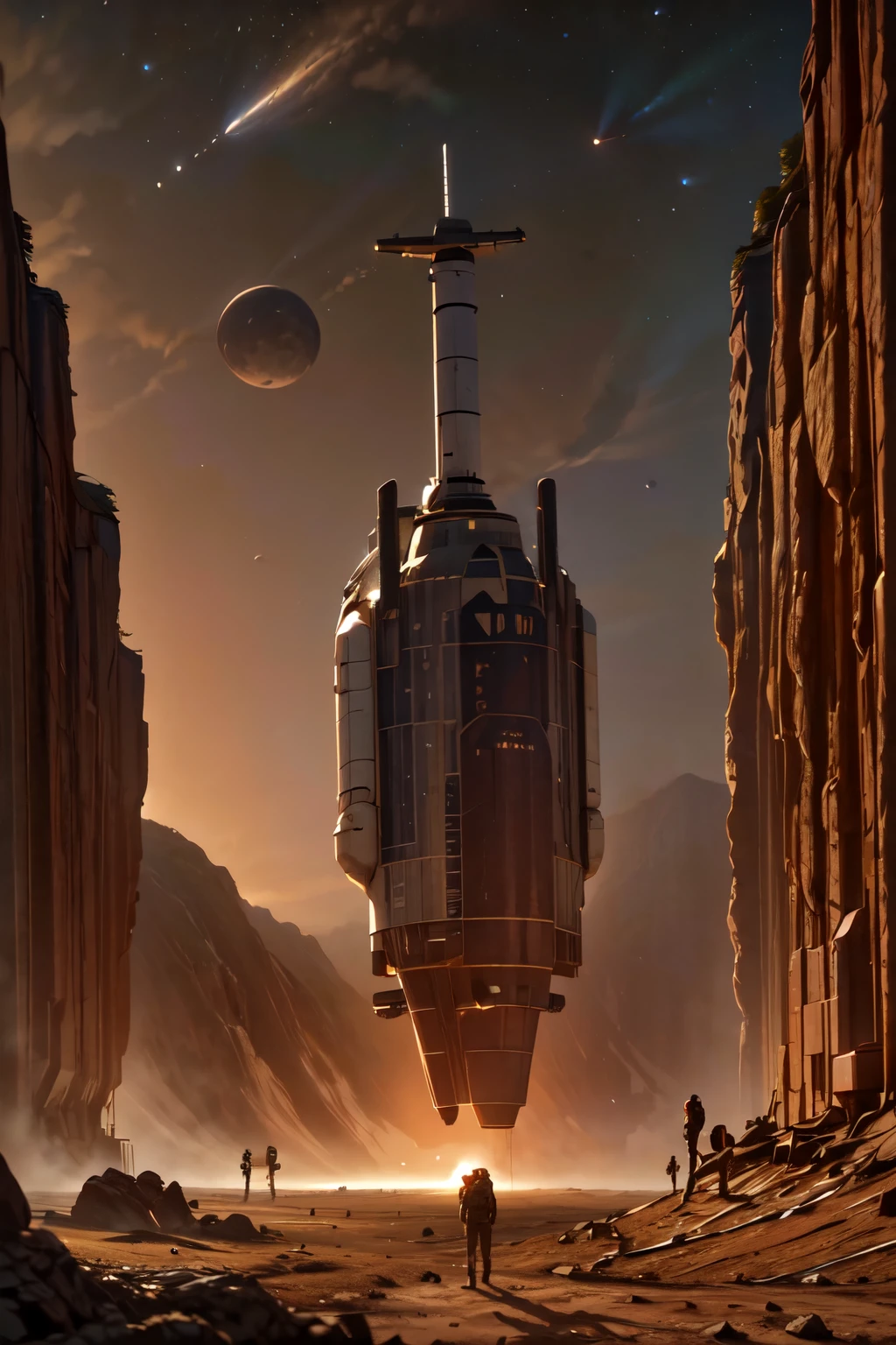 a space module landing on the surface of a planet, 8k highly detailed, photorealistic, cinematic lighting, dramatic, epic scale, realistic space shuttle, moon rover, astronaut walking on the moon, American flag, craters, rocky terrain, planets or moons visible in the background, dramatic shadows, vivid colors
