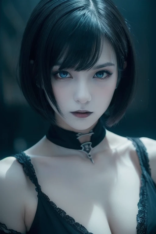 ( High Quality : 1.3), Movie-like Shots , masterpiece, ( Sharp Focus: 1.5), ( Photorealistic: 1.3), Medium Portrait (Beautiful young vampire woman, blue-white skin, gothic, Still proud、Brave, Straight black short bob , Dark appearance, wearing a dark tunic with high details, dark atmosphere, I'm wearing 、The shape is sharp chiaroscuro ), It's night, ( high definition skin), ( detailed face ), detailed background, dark lights , dusk lighting , volumetric lighting, Complicated Details, super high res,