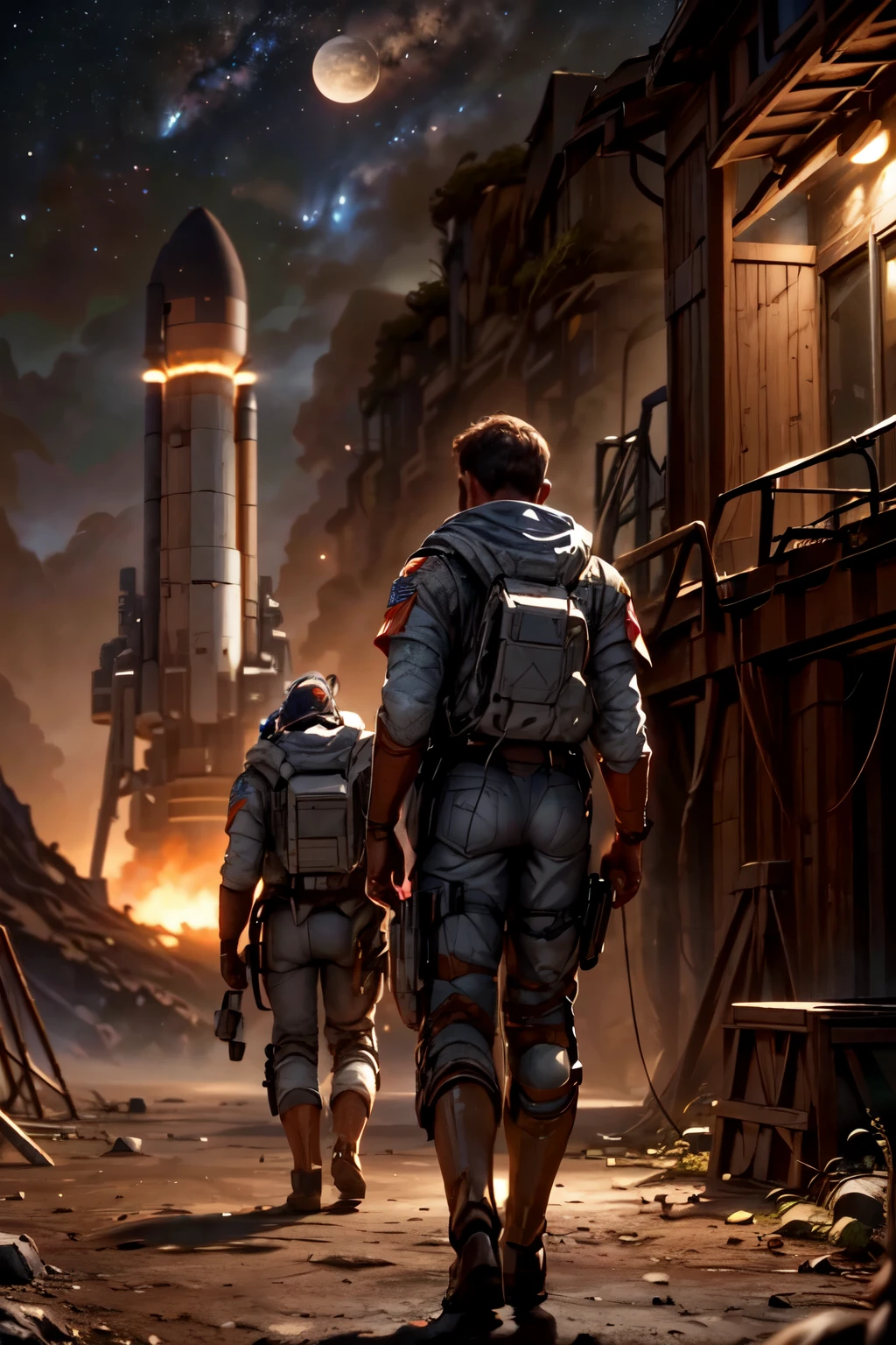 a space module landing on the surface of a planet, 8k highly detailed, photorealistic, cinematic lighting, dramatic, epic scale, realistic space shuttle, moon rover, astronaut walking on the moon, American flag, craters, rocky terrain, planets or moons visible in the background, dramatic shadows, vivid colors