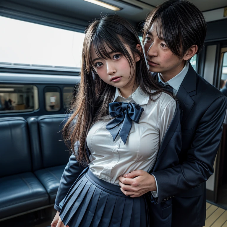 NSFW, crowded train, Japan , Handsome man hugging her from behind, Talking in her ear, lift her up, miniskirt twisted upwards, 40k, photograph, masterpiece, highest quality, dark gray background, ((Japan girls' high school uniform)), A man leans on her from behind、I held you up, Mr.々Hit the pose.
