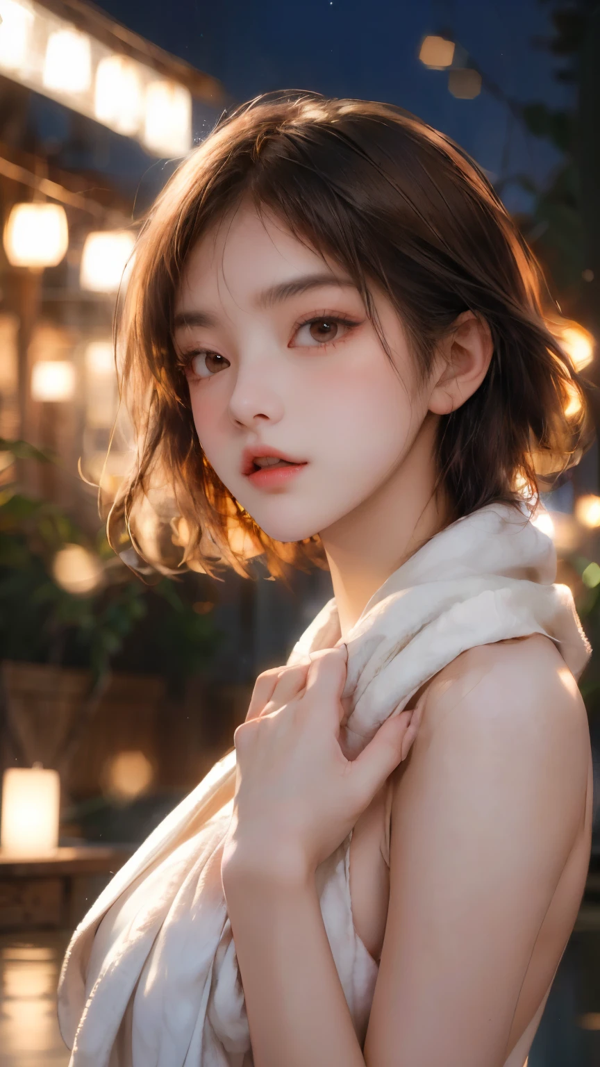 a masterpiece, high resolution, illustration, soft lighting, alluring lighting, (1 woman:1.3), (solo:1.4), long eyelashes, short bob, detailed nose, open mouth, nude, towel, sparkling, bokeh, depth of field, from below,ノーメイク