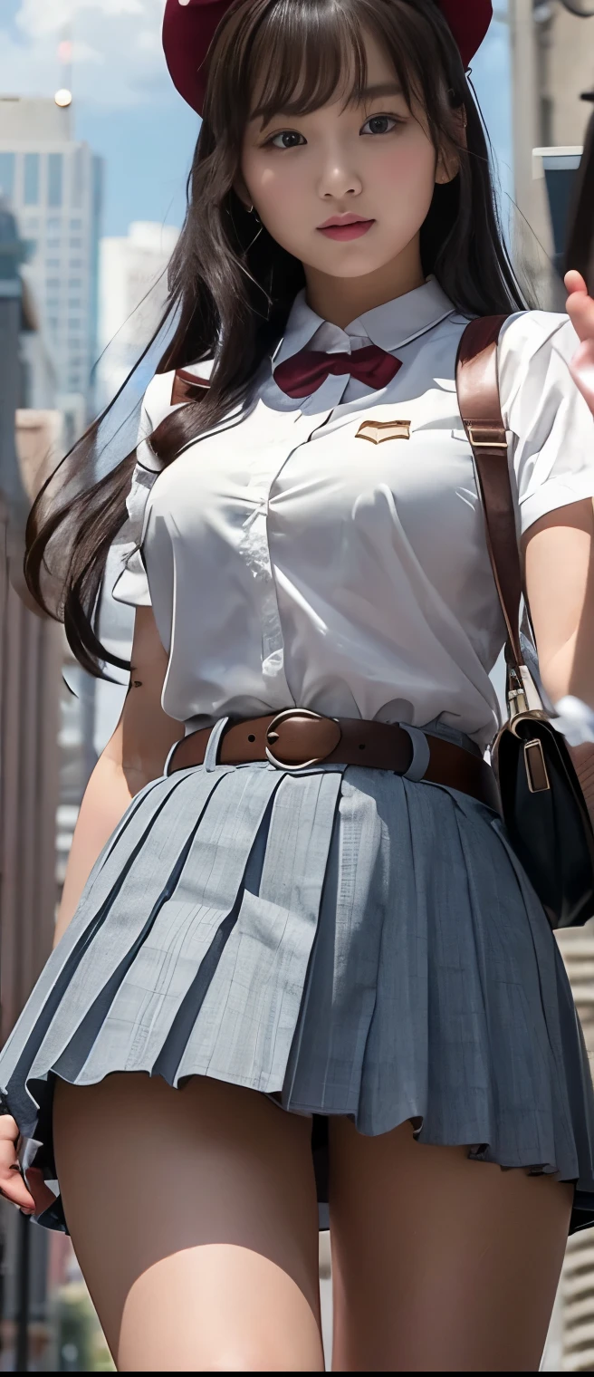 HUGE IDOL GIRL 、A pure girl's face、Tanned Thick Legs 、 pleated miniskirt uniform、Gorgeous Belt 、