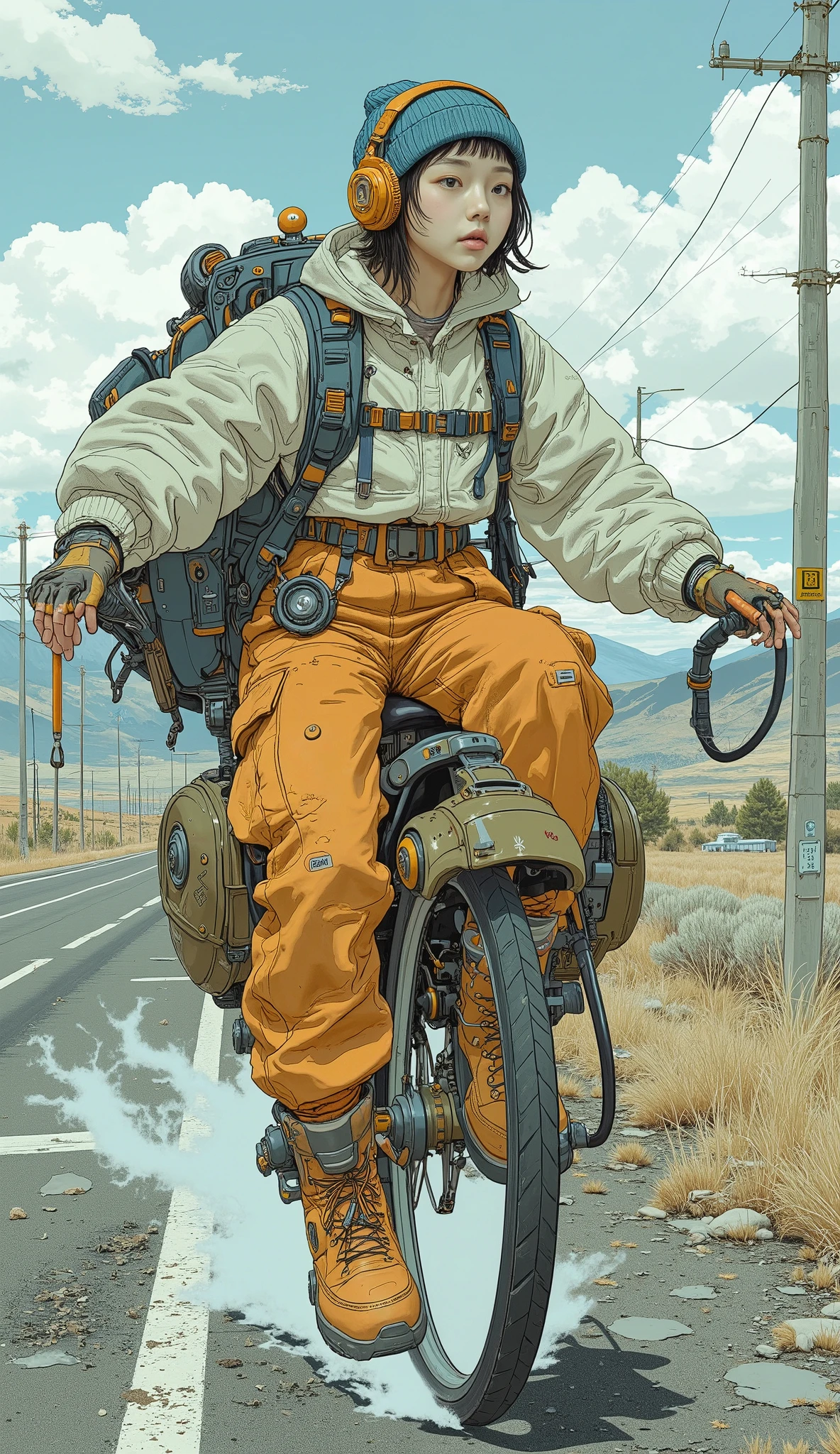 Surrealism , artwork, 8K quality, riding a military motorcycle that can be transformed into a robot、 carries a huge backpack about her height、Carrying on an abandoned highway 、 high school girl wearing an off-white and light blue down jacket and loose orange cargo pants, blue knit cap、 headphones、Trekking boots、 Colorful Accessories、Navigation drone shows destination 、 anatomically accurate、